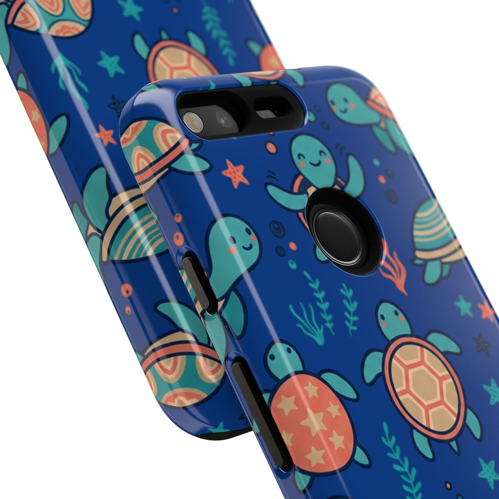 Cute Sea Turtle Phone Case — Protective Tough Case with Blue Ocean Pattern