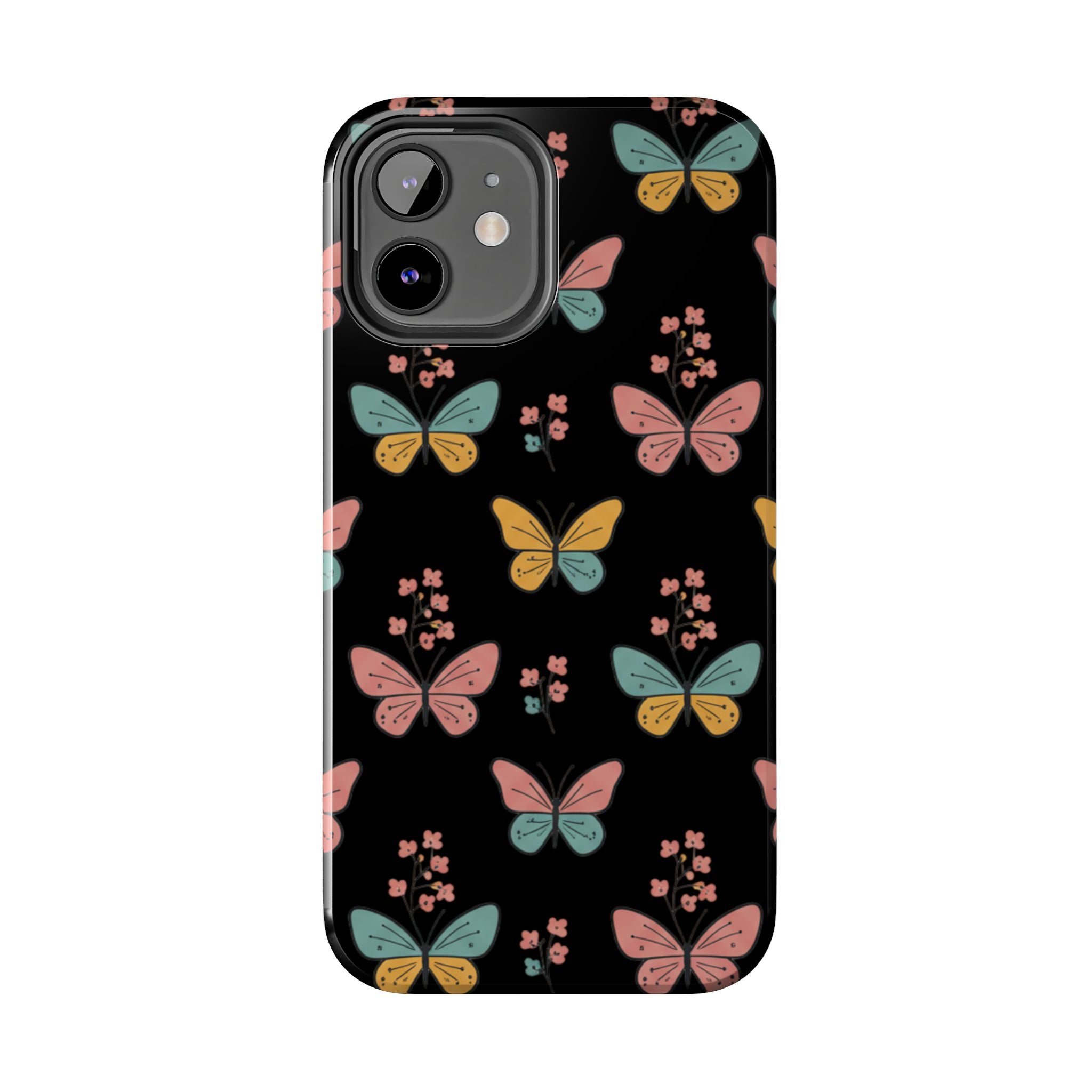 Butterfly Pattern Tough Phone Case — Pastel Butterflies on Black, Protective Floral Phone Cover