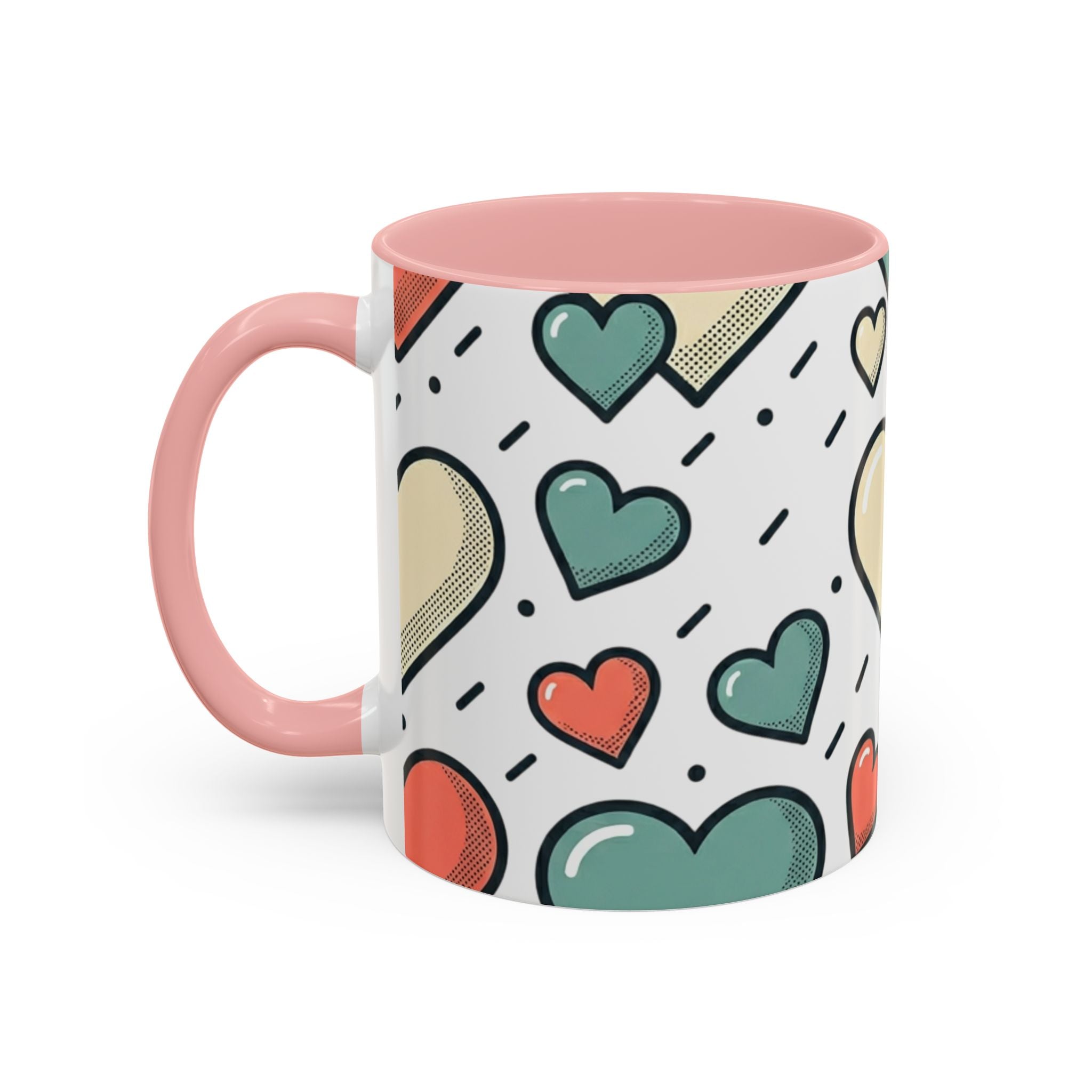 Heart Pattern Accent Coffee Mug — Cute Colorful Hearts Design (11/15 oz)
