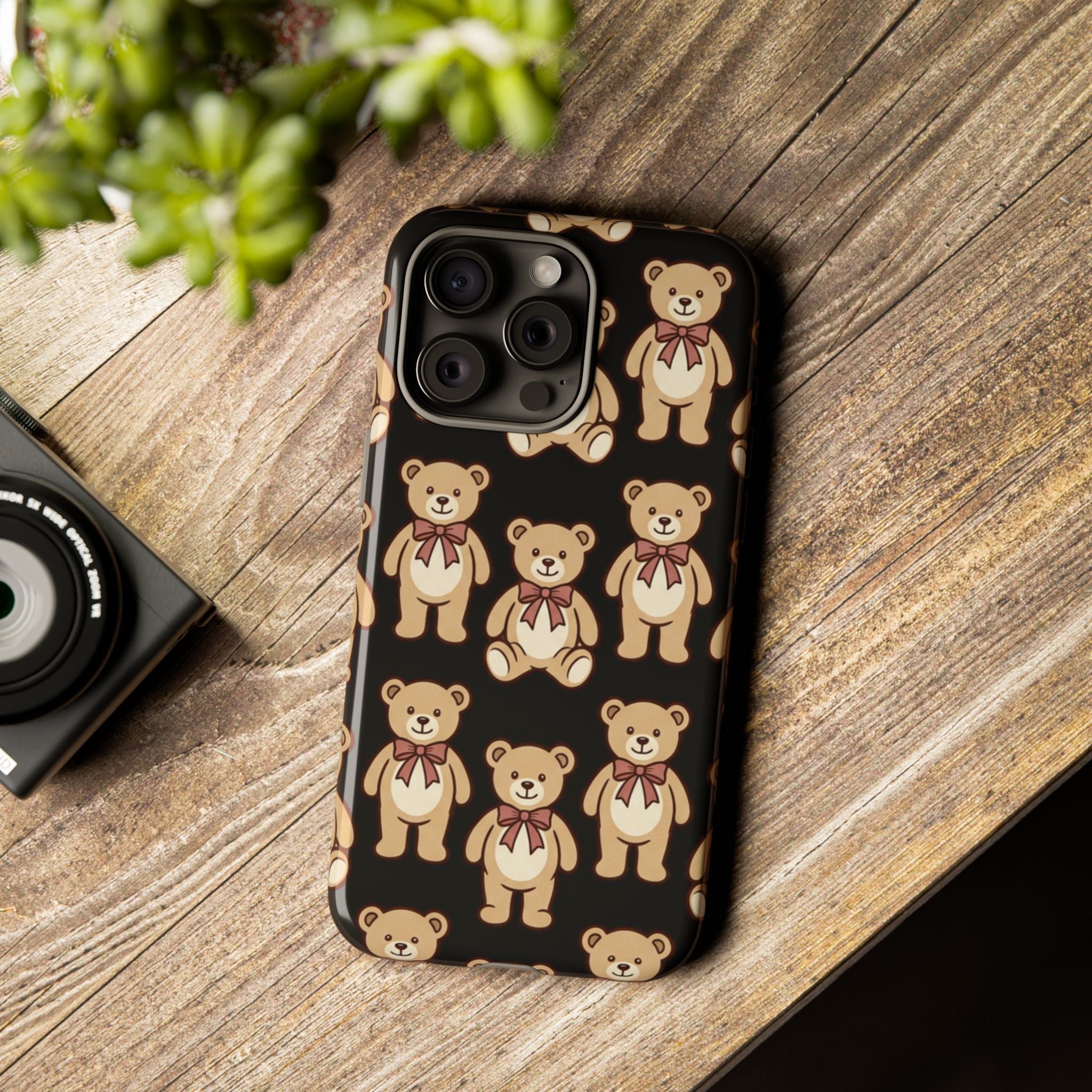 Teddy Bear Pattern Phone Case — Cute Vintage Ribbon Bears on Black