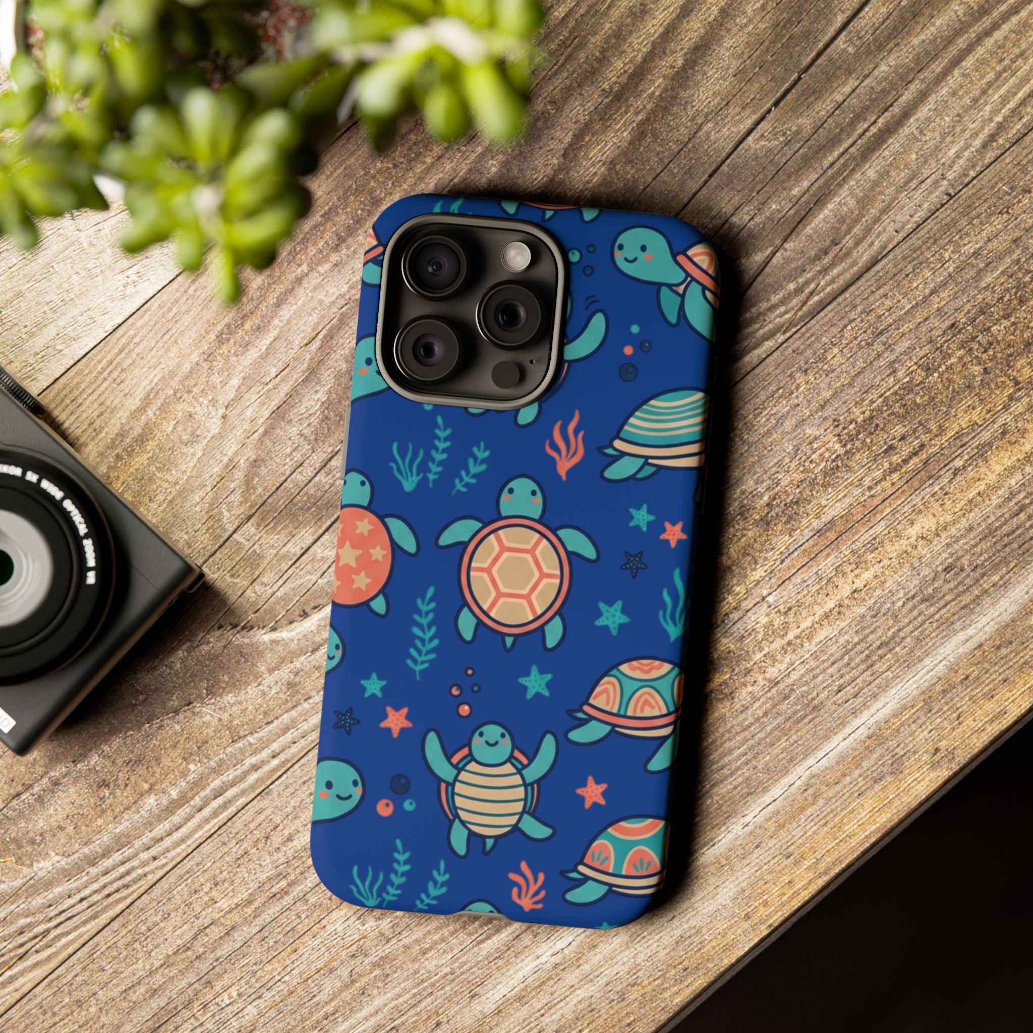 Cute Sea Turtle Phone Case — Protective Tough Case with Blue Ocean Pattern
