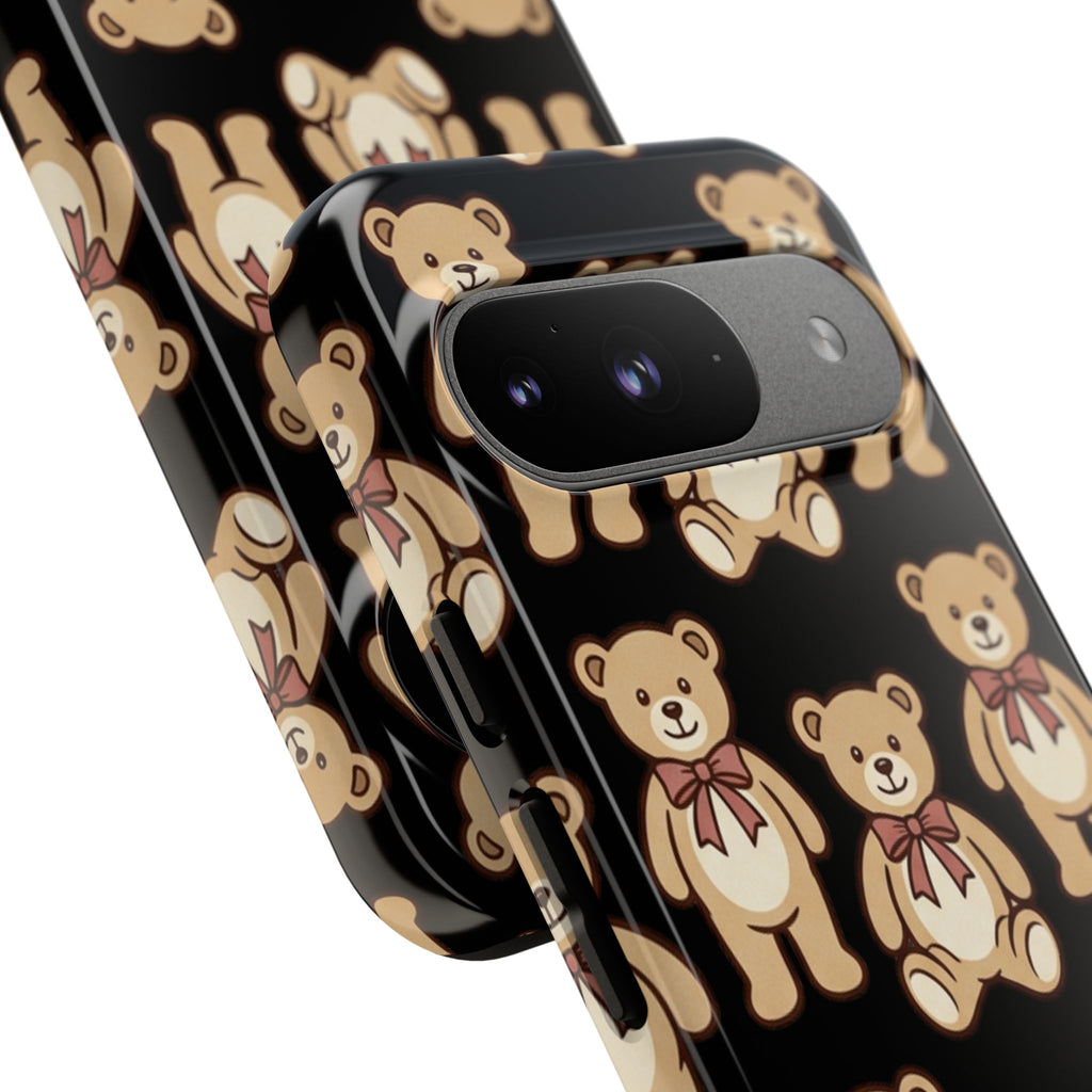Teddy Bear Pattern Phone Case — Cute Vintage Ribbon Bears on Black