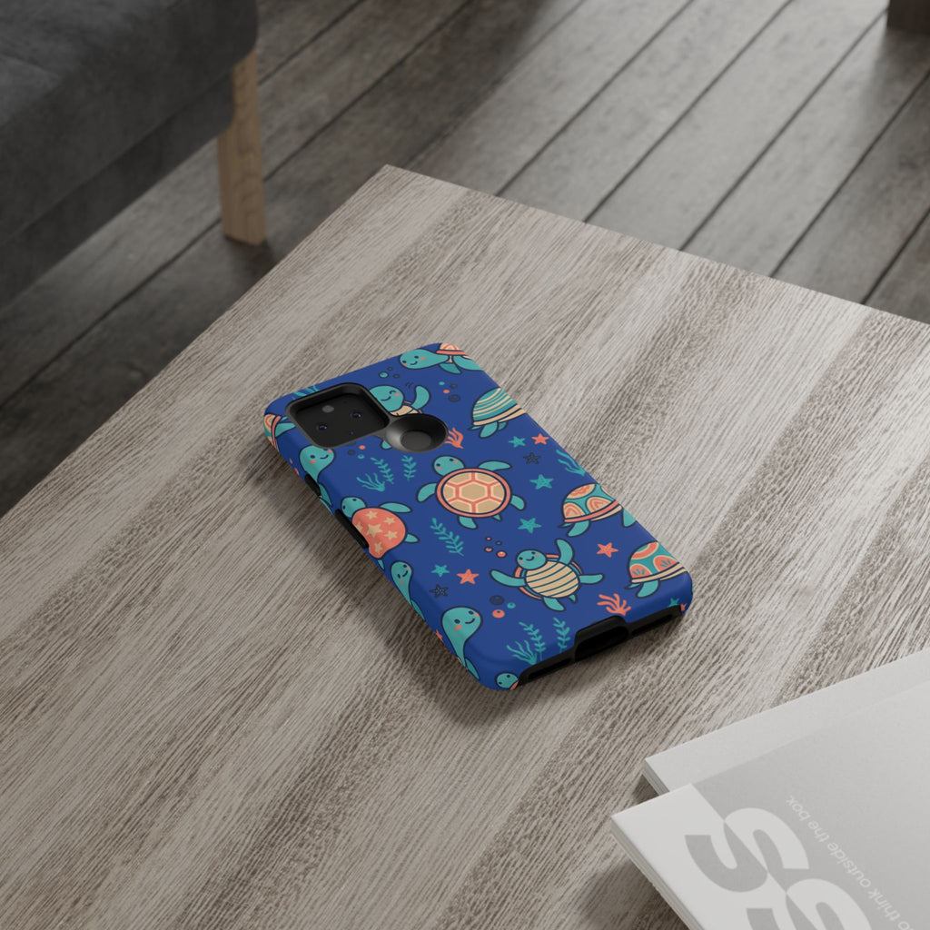 Cute Sea Turtle Phone Case — Protective Tough Case with Blue Ocean Pattern