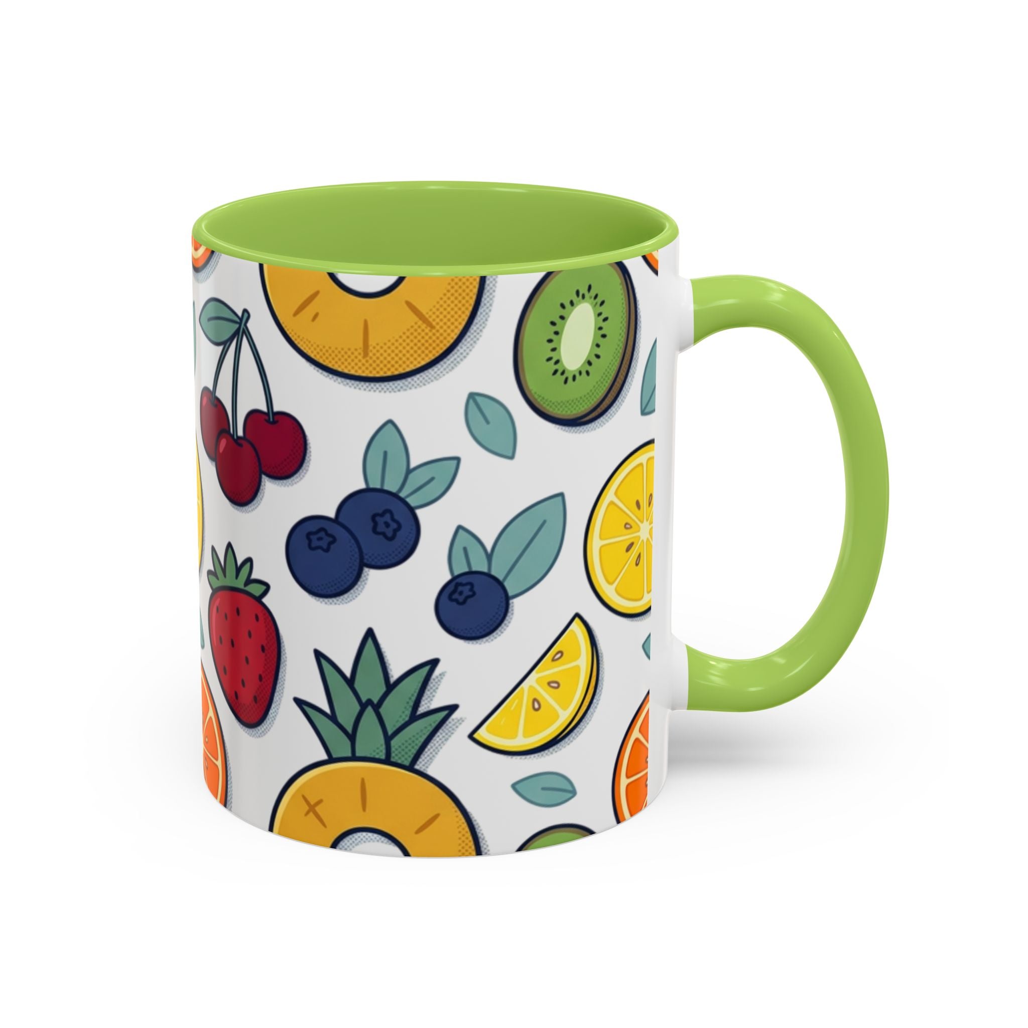 Fruit Pattern Accent Coffee Mug — Colorful Tropical Fruit Ceramic Mug (11/15oz)