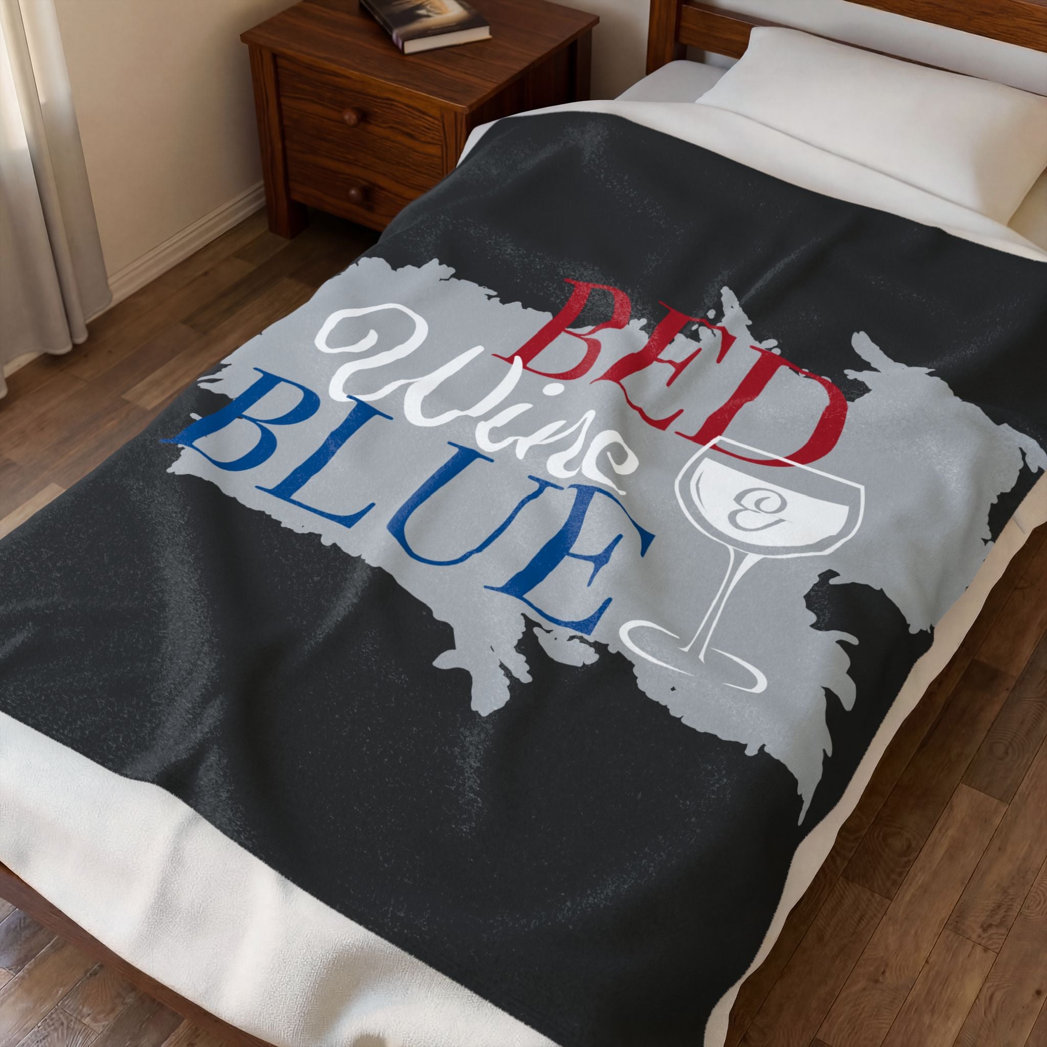 Velveteen Plush Blanket — "Bed Wine & Blue" Graphic Throw Blanket