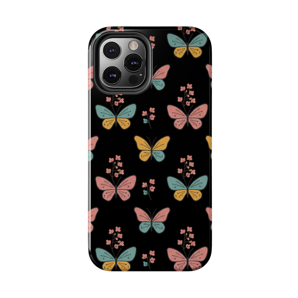 Butterfly Pattern Tough Phone Case — Pastel Butterflies on Black, Protective Floral Phone Cover