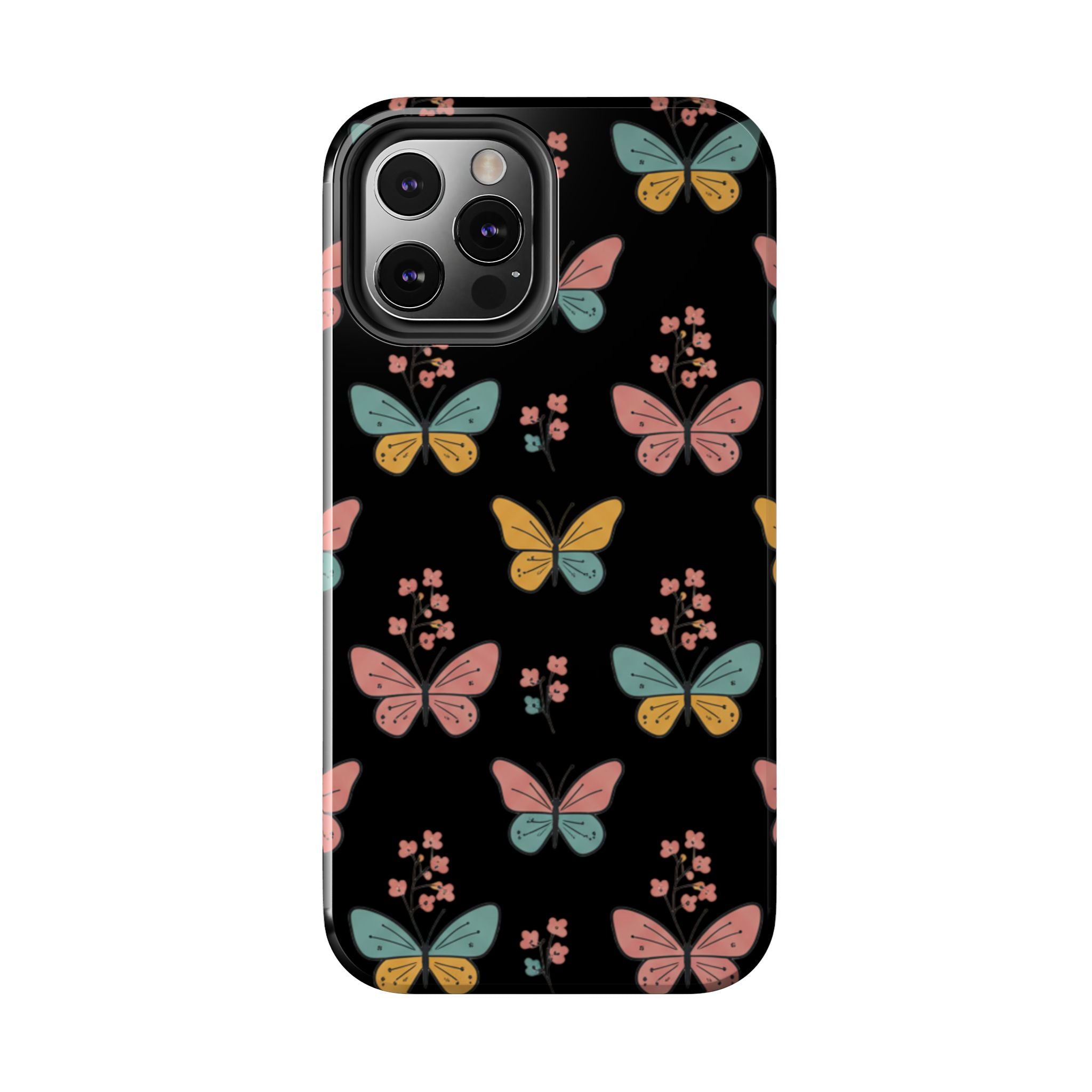 Butterfly Pattern Tough Phone Case — Pastel Butterflies on Black, Protective Floral Phone Cover
