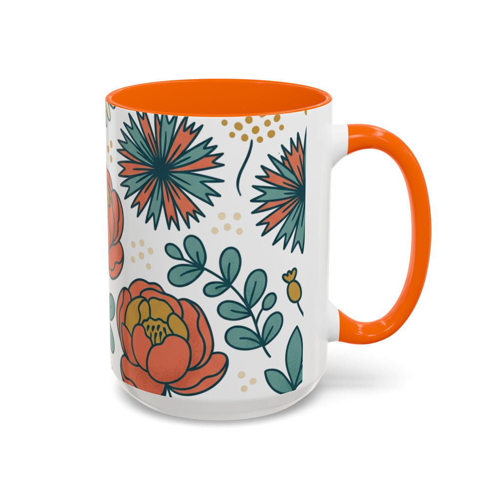 Floral Accent Coffee Mug — Orange Peony Pattern, 11/15oz