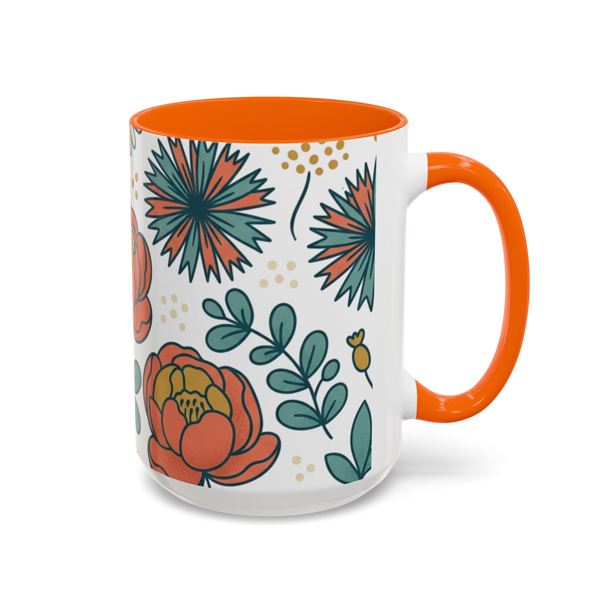 Floral Accent Coffee Mug — Orange Peony Pattern, 11/15oz