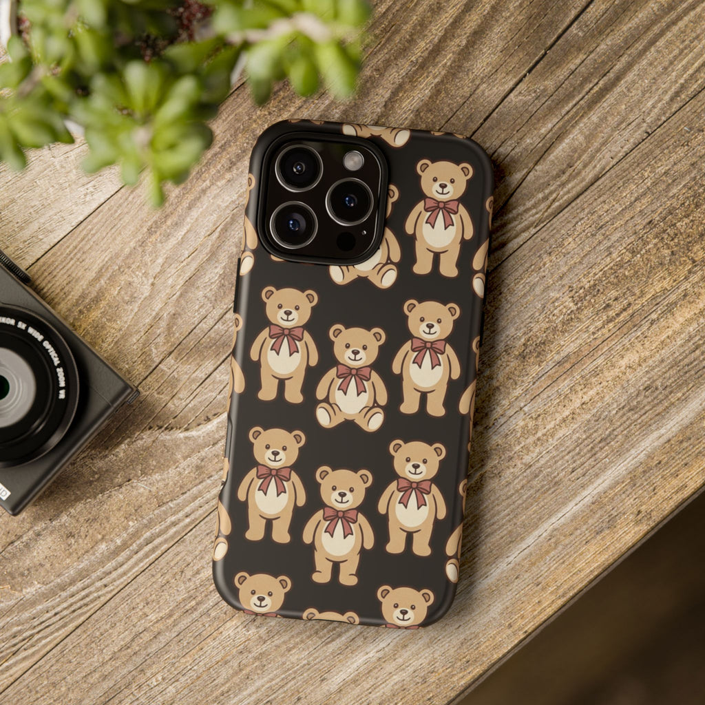 Teddy Bear Pattern Phone Case — Cute Vintage Ribbon Bears on Black