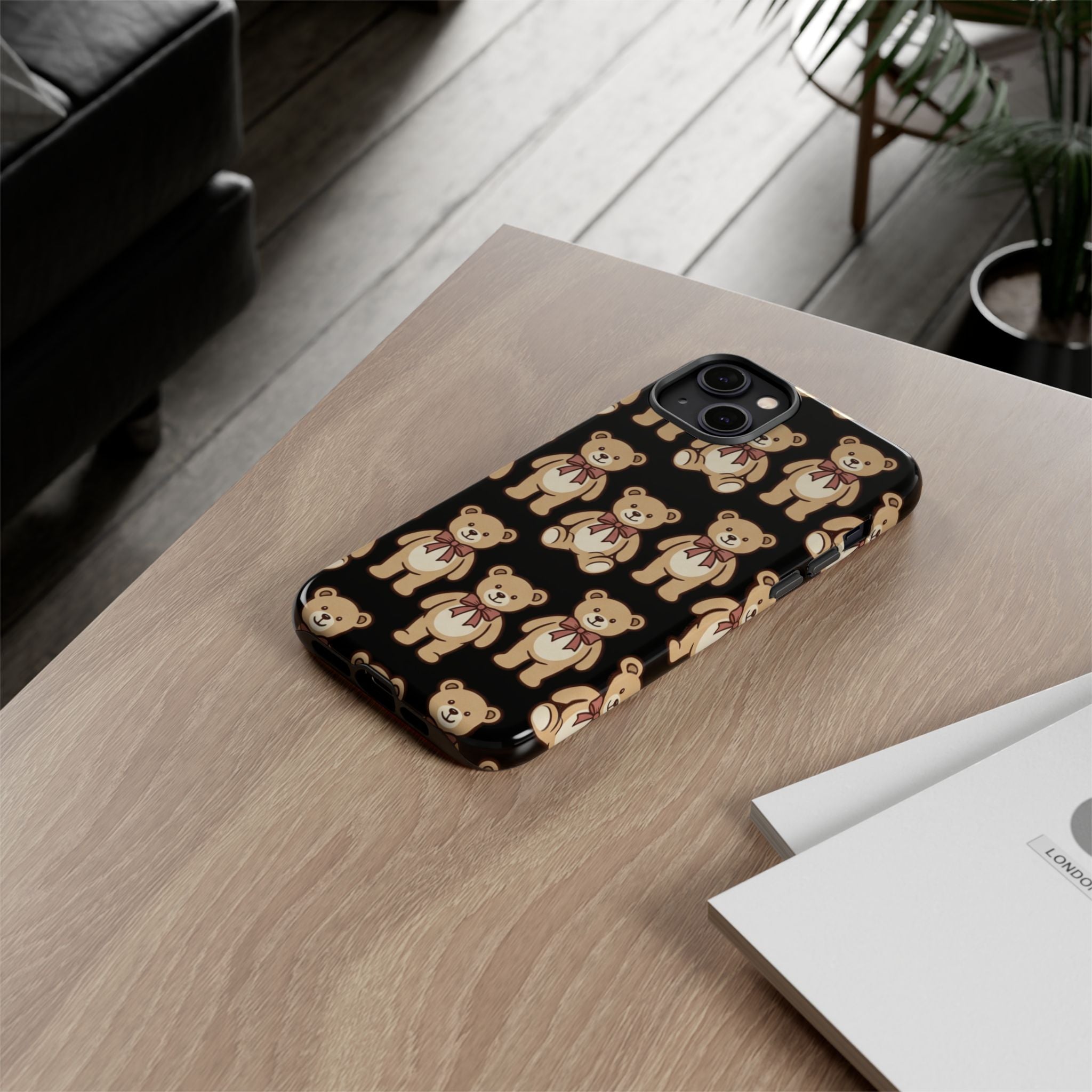 Teddy Bear Pattern Phone Case — Cute Vintage Ribbon Bears on Black