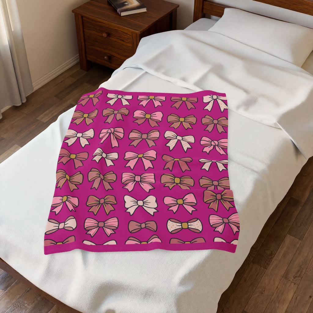Velveteen Plush Blanket - Pink Bow Pattern Cozy Throw for Girls, Cute Gift for Birthdays & Holidays