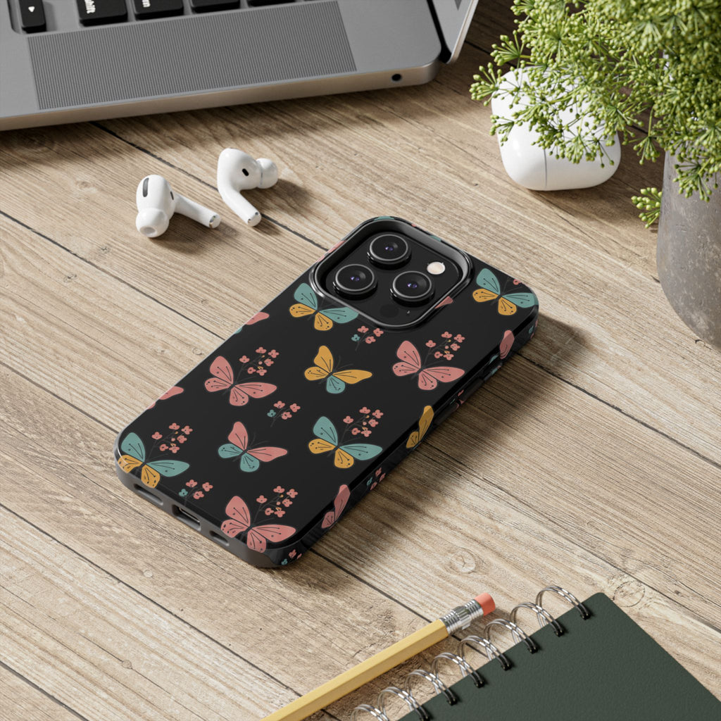 Butterfly Pattern Tough Phone Case — Pastel Butterflies on Black, Protective Floral Phone Cover