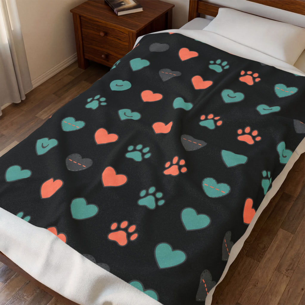 Pet Paw & Heart Velveteen Plush Blanket — Cozy Dog Lover Throw
