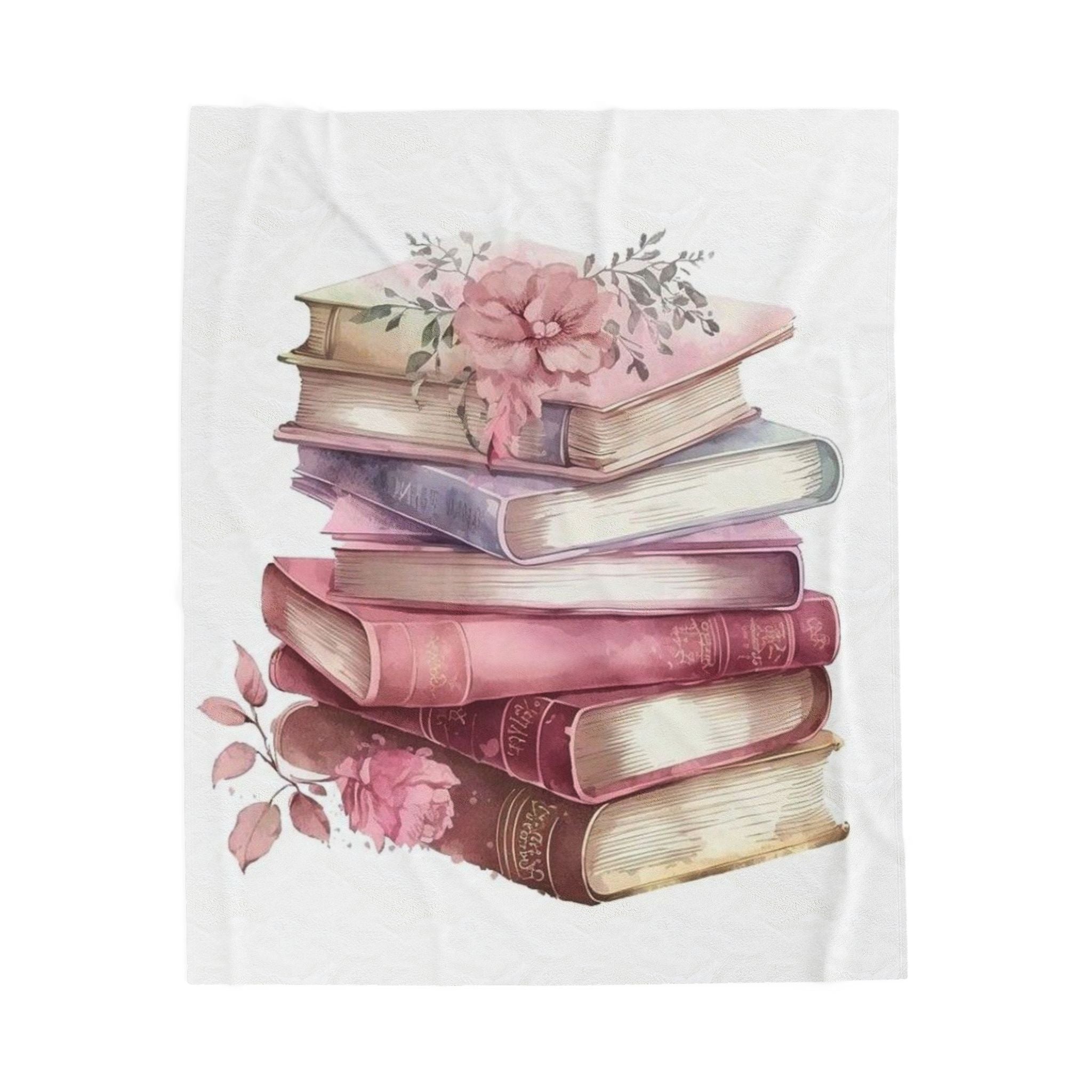 Velveteen Plush Blanket — Vintage Stacked Books Floral Throw for Book Lovers