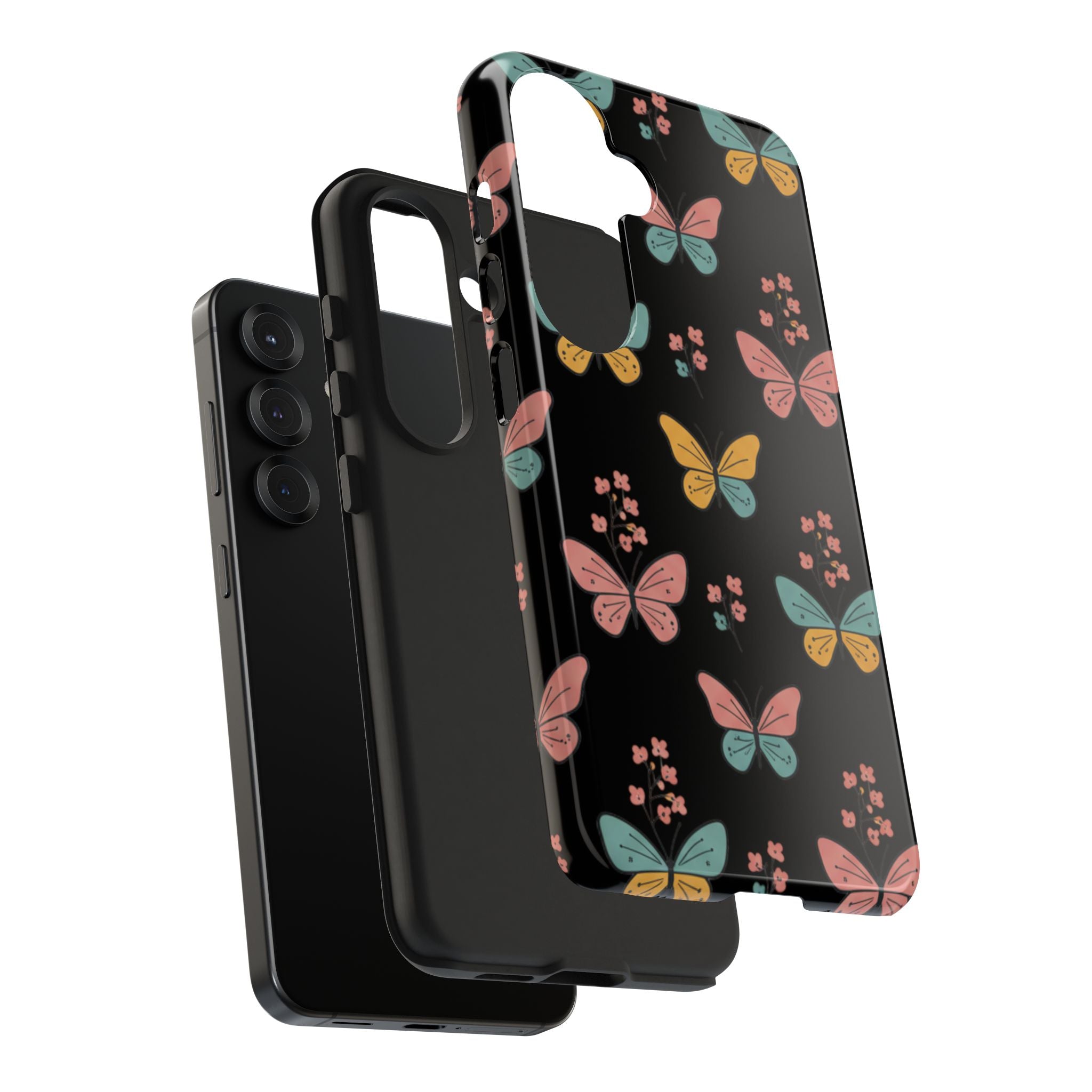 Butterfly Pattern Tough Phone Case — Pastel Butterflies on Black, Protective Floral Phone Cover