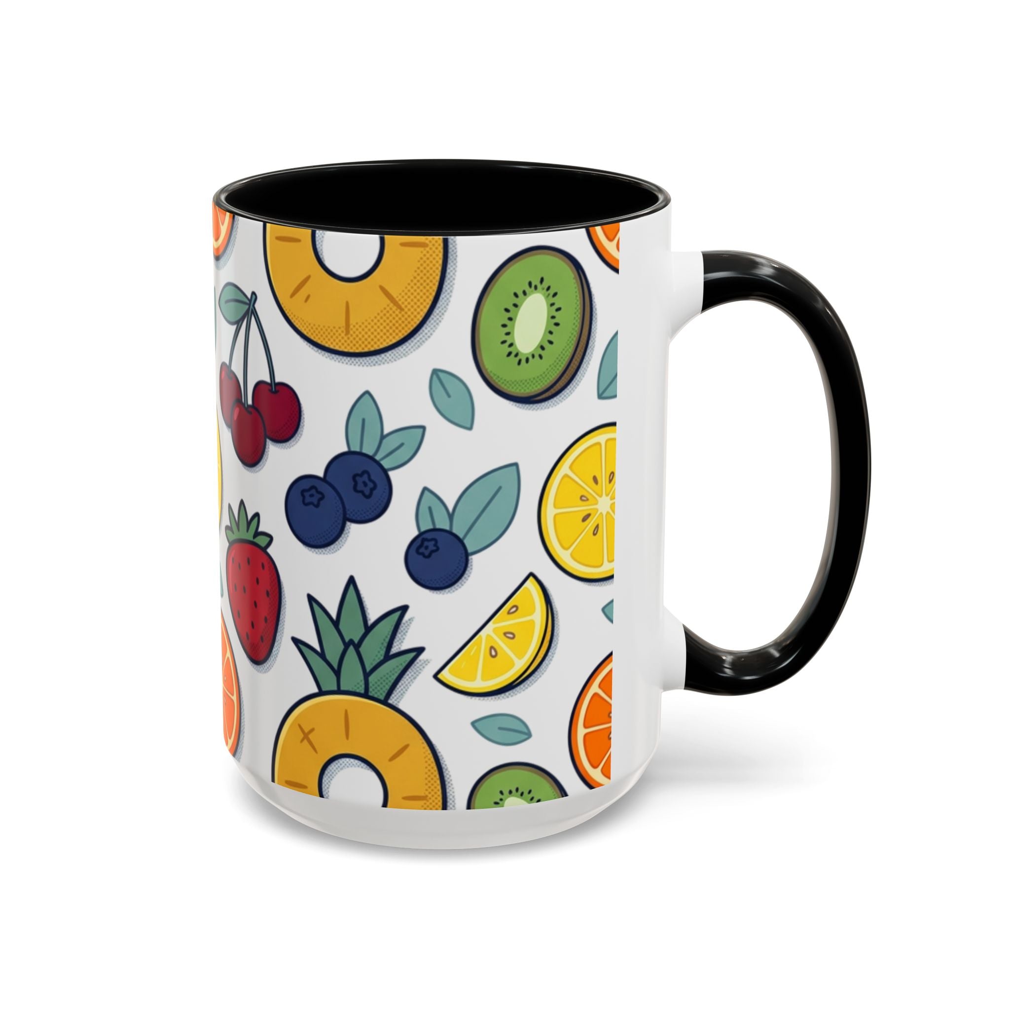 Fruit Pattern Accent Coffee Mug — Colorful Tropical Fruit Ceramic Mug (11/15oz)
