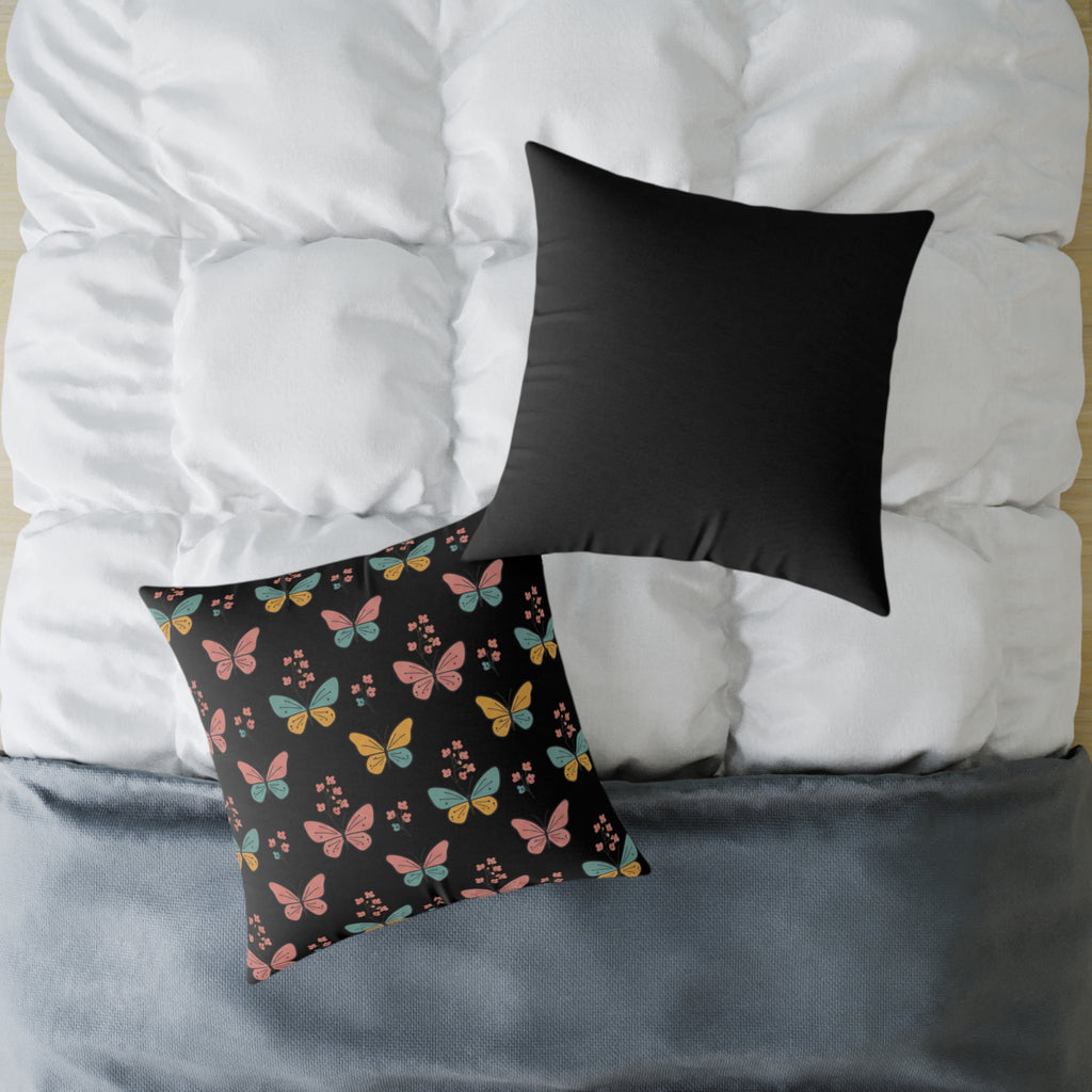 Butterfly Pattern Square Throw Pillow — Colorful Butterflies on Black Decorative Cushion