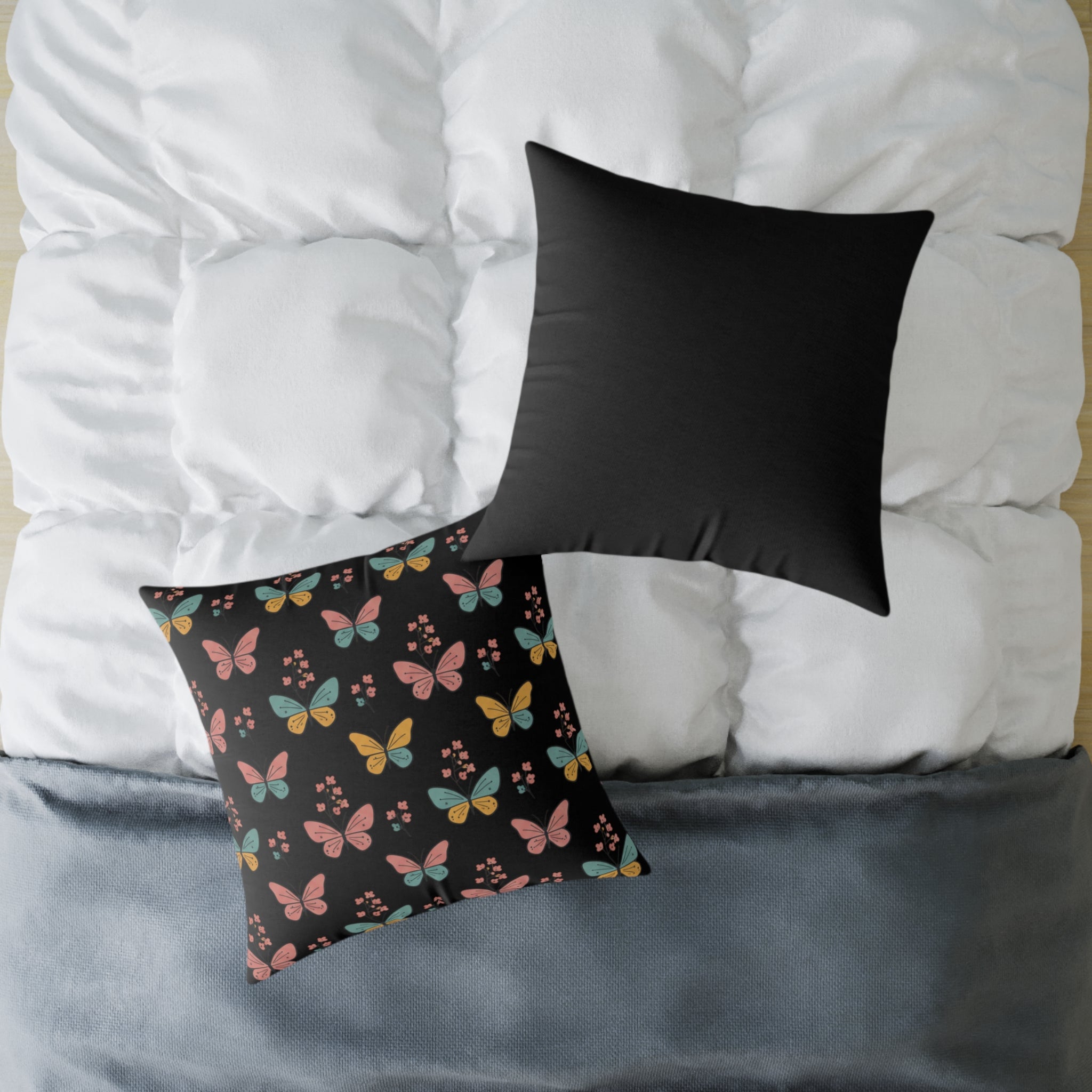 Butterfly Pattern Square Throw Pillow — Colorful Butterflies on Black Decorative Cushion