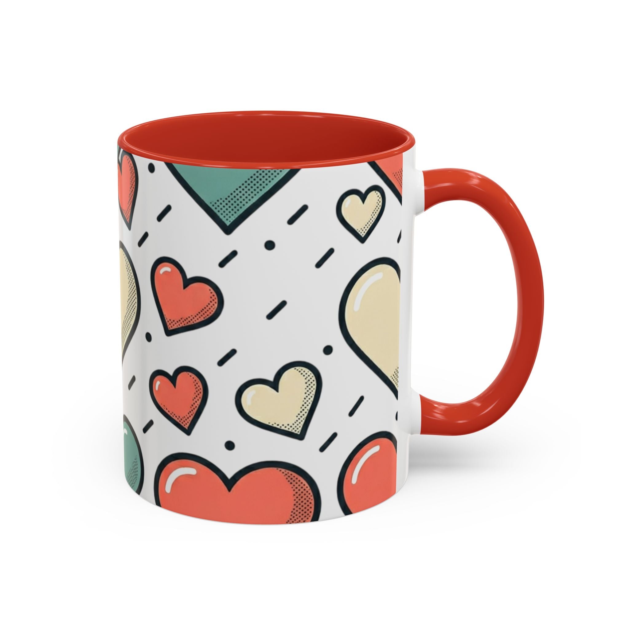 Heart Pattern Accent Coffee Mug — Cute Colorful Hearts Design (11/15 oz)