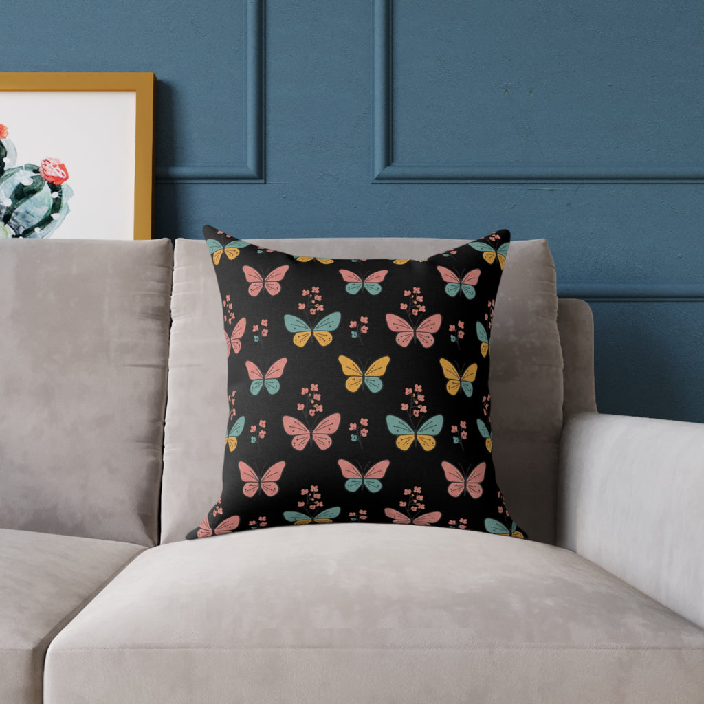 Butterfly Pattern Square Throw Pillow — Colorful Butterflies on Black Decorative Cushion