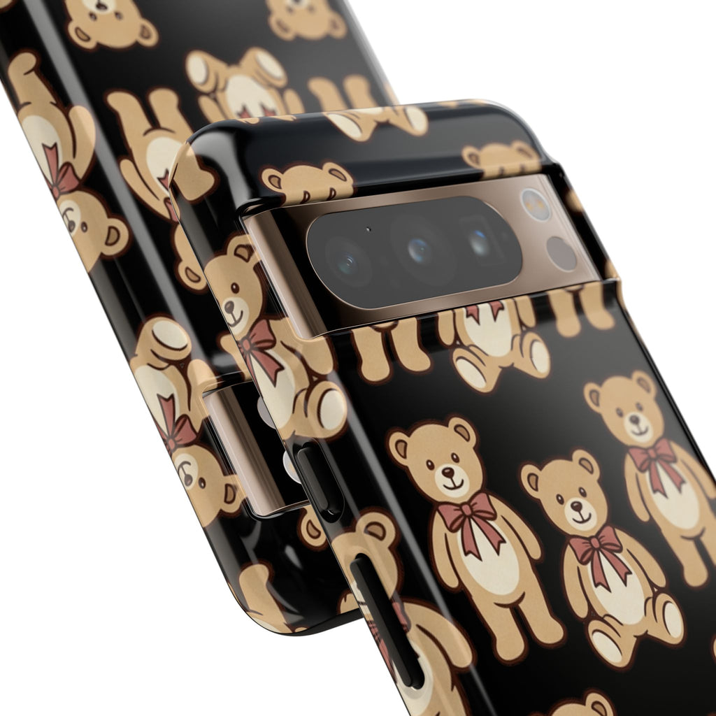 Teddy Bear Pattern Phone Case — Cute Vintage Ribbon Bears on Black