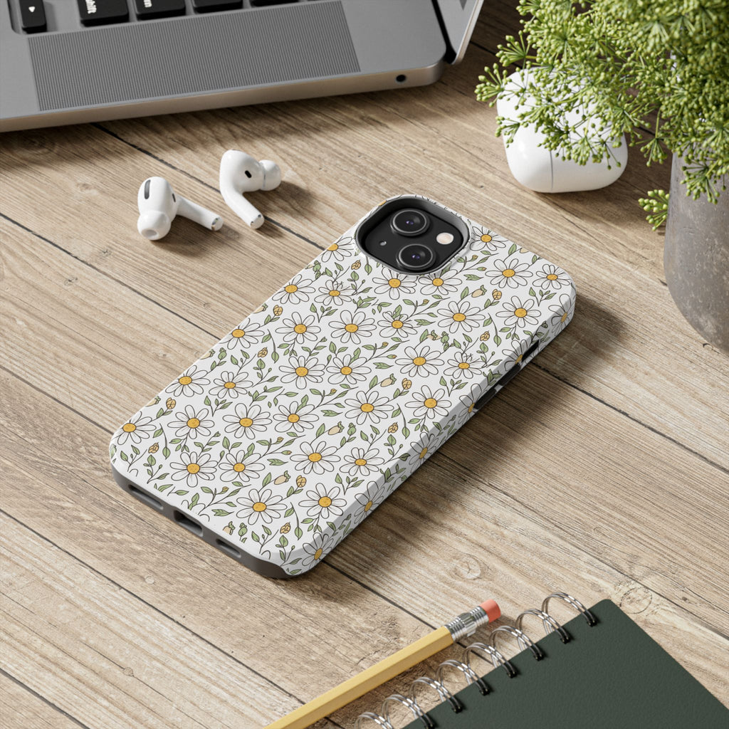 Daisy Floral Tough Phone Case — Protective White Spring Pattern