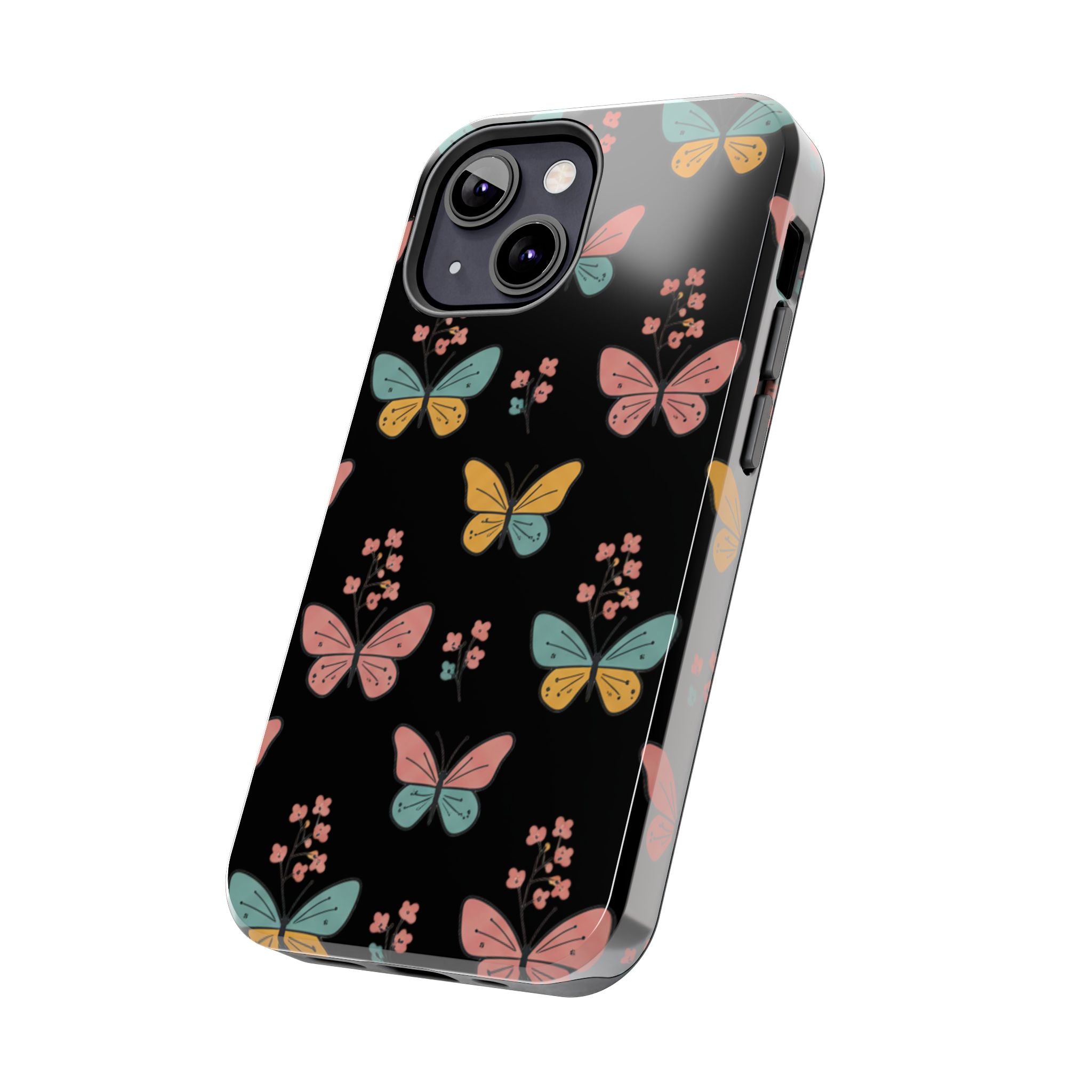 Butterfly Pattern Tough Phone Case — Pastel Butterflies on Black, Protective Floral Phone Cover