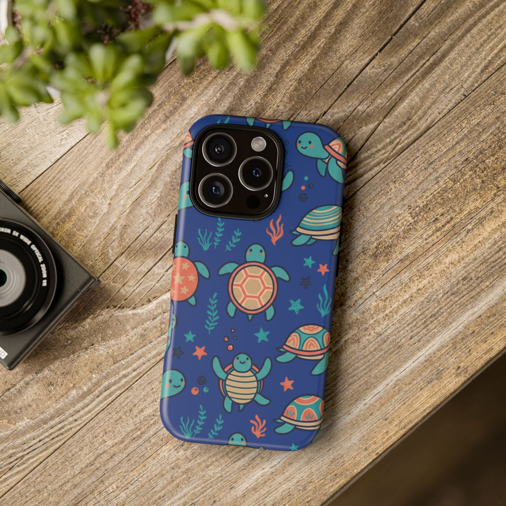 Cute Sea Turtle Phone Case — Protective Tough Case with Blue Ocean Pattern