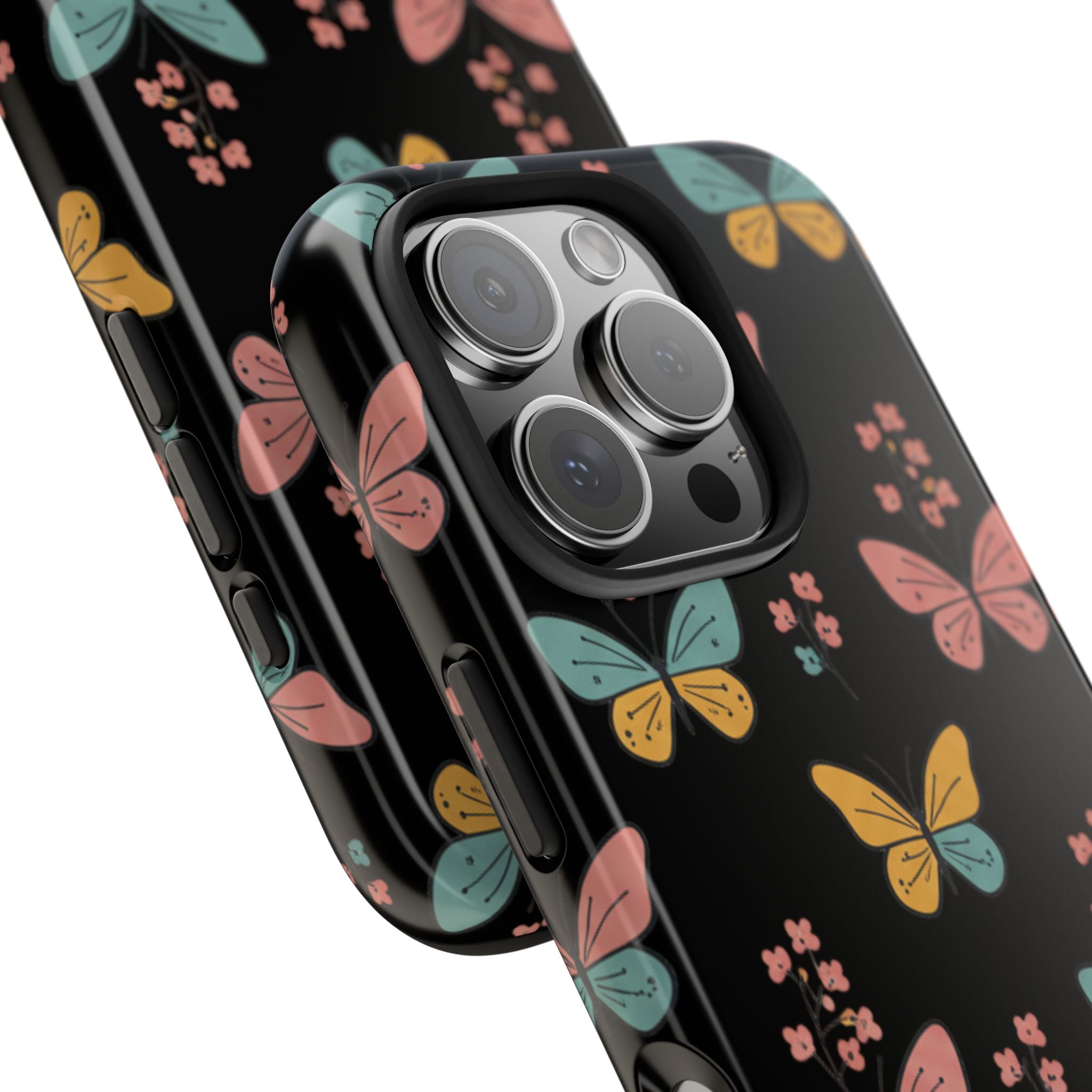 Butterfly Pattern Tough Phone Case — Pastel Butterflies on Black, Protective Floral Phone Cover