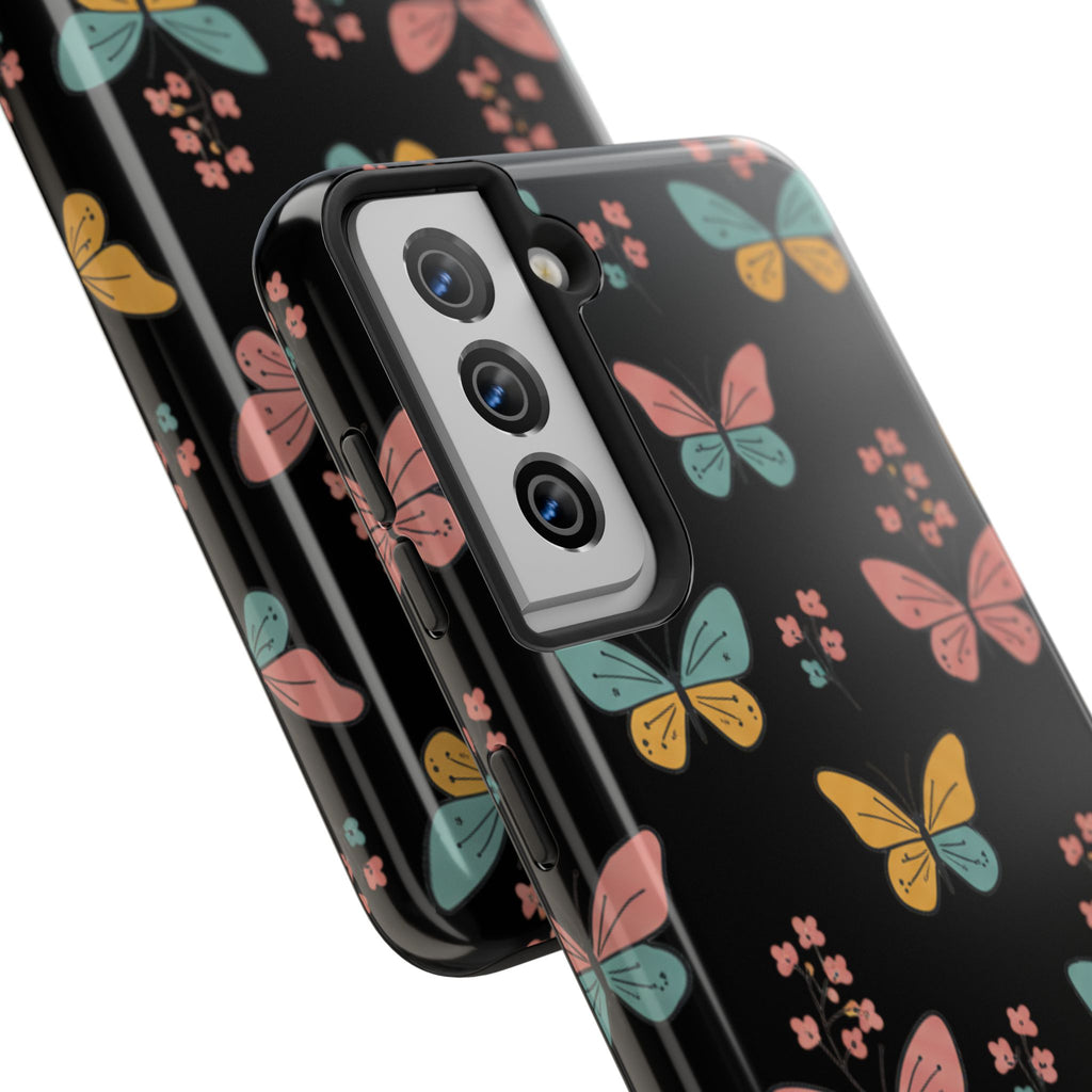 Butterfly Pattern Tough Phone Case — Pastel Butterflies on Black, Protective Floral Phone Cover