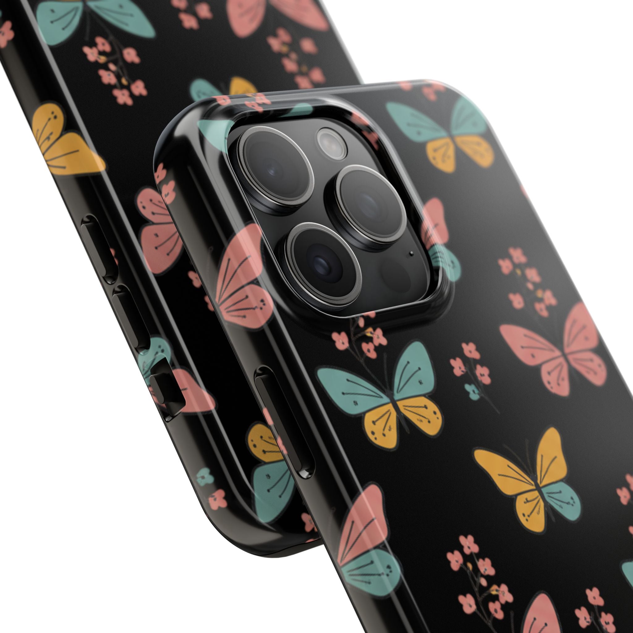 Butterfly Pattern Tough Phone Case — Pastel Butterflies on Black, Protective Floral Phone Cover