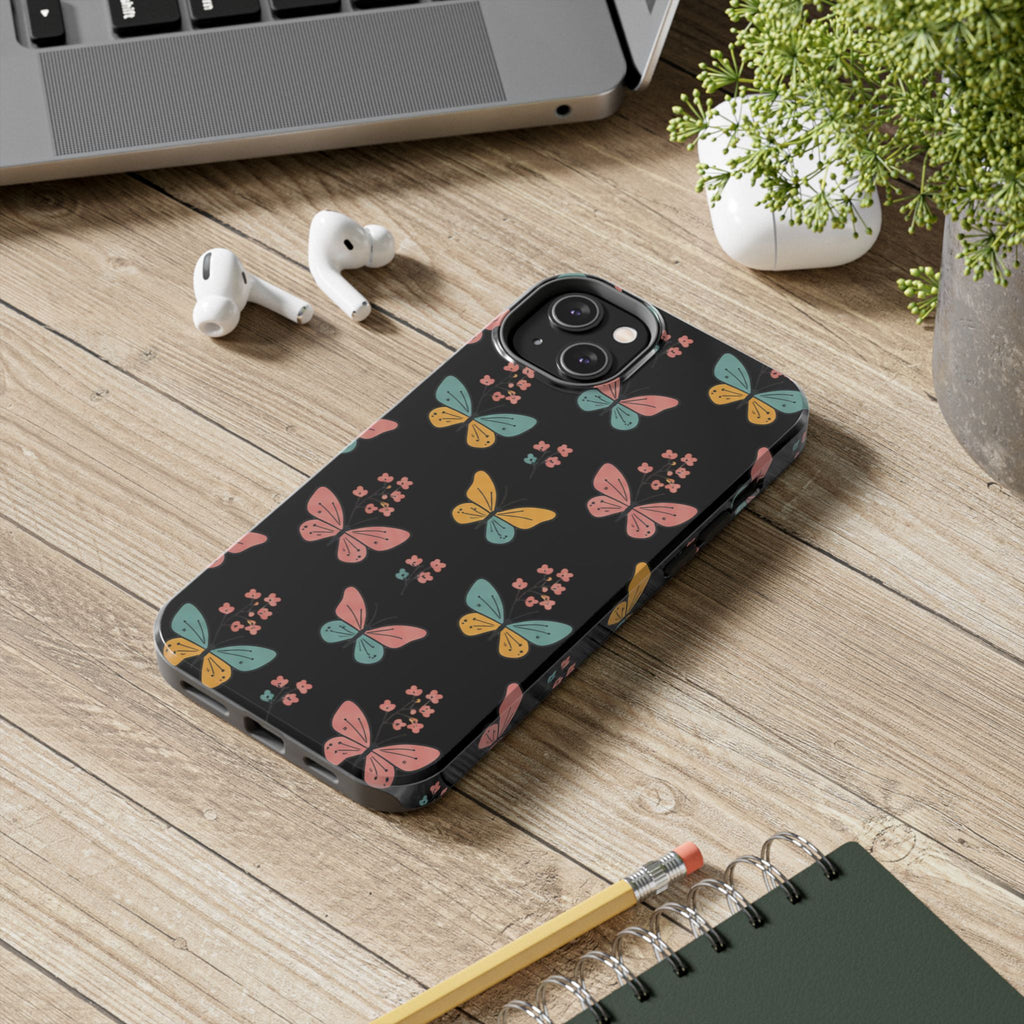 Butterfly Pattern Tough Phone Case — Pastel Butterflies on Black, Protective Floral Phone Cover