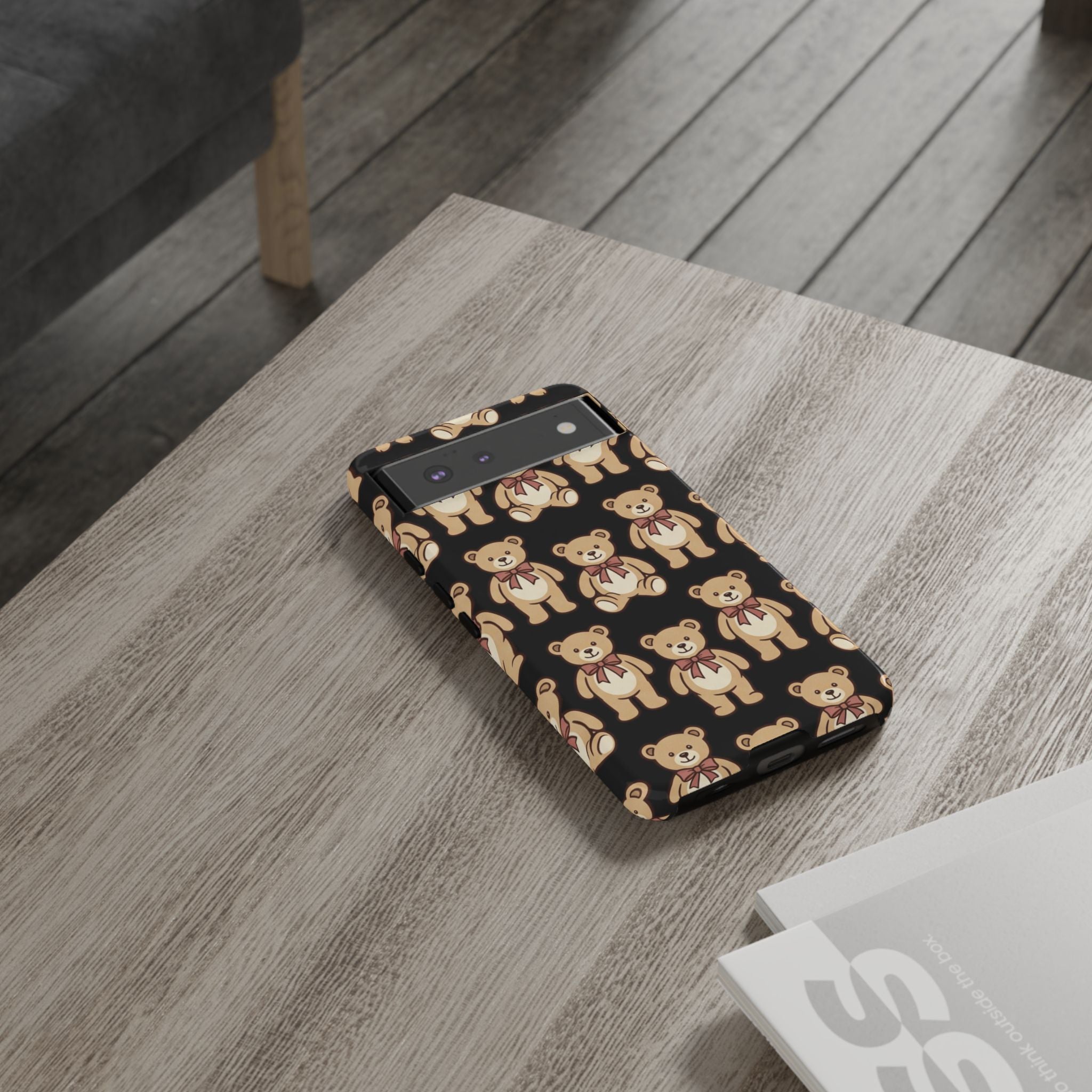 Teddy Bear Pattern Phone Case — Cute Vintage Ribbon Bears on Black