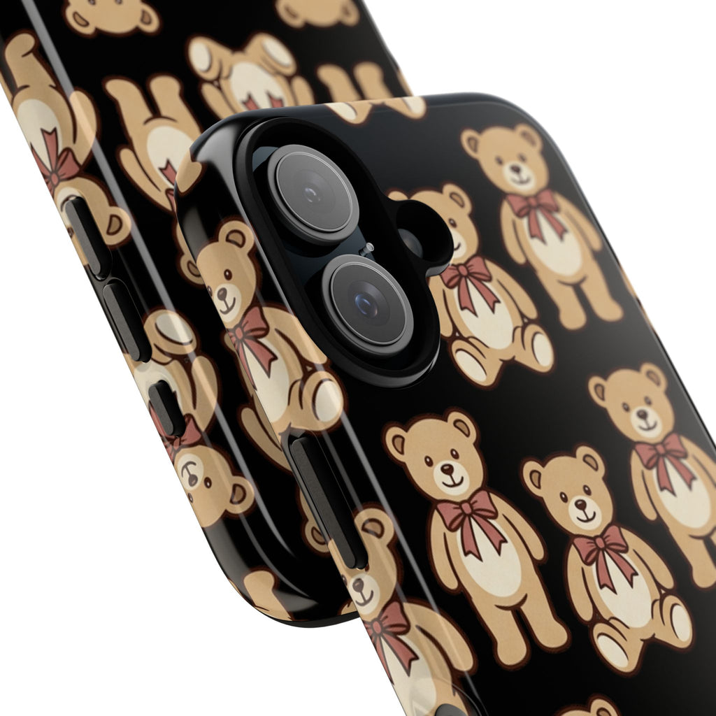 Teddy Bear Pattern Phone Case — Cute Vintage Ribbon Bears on Black