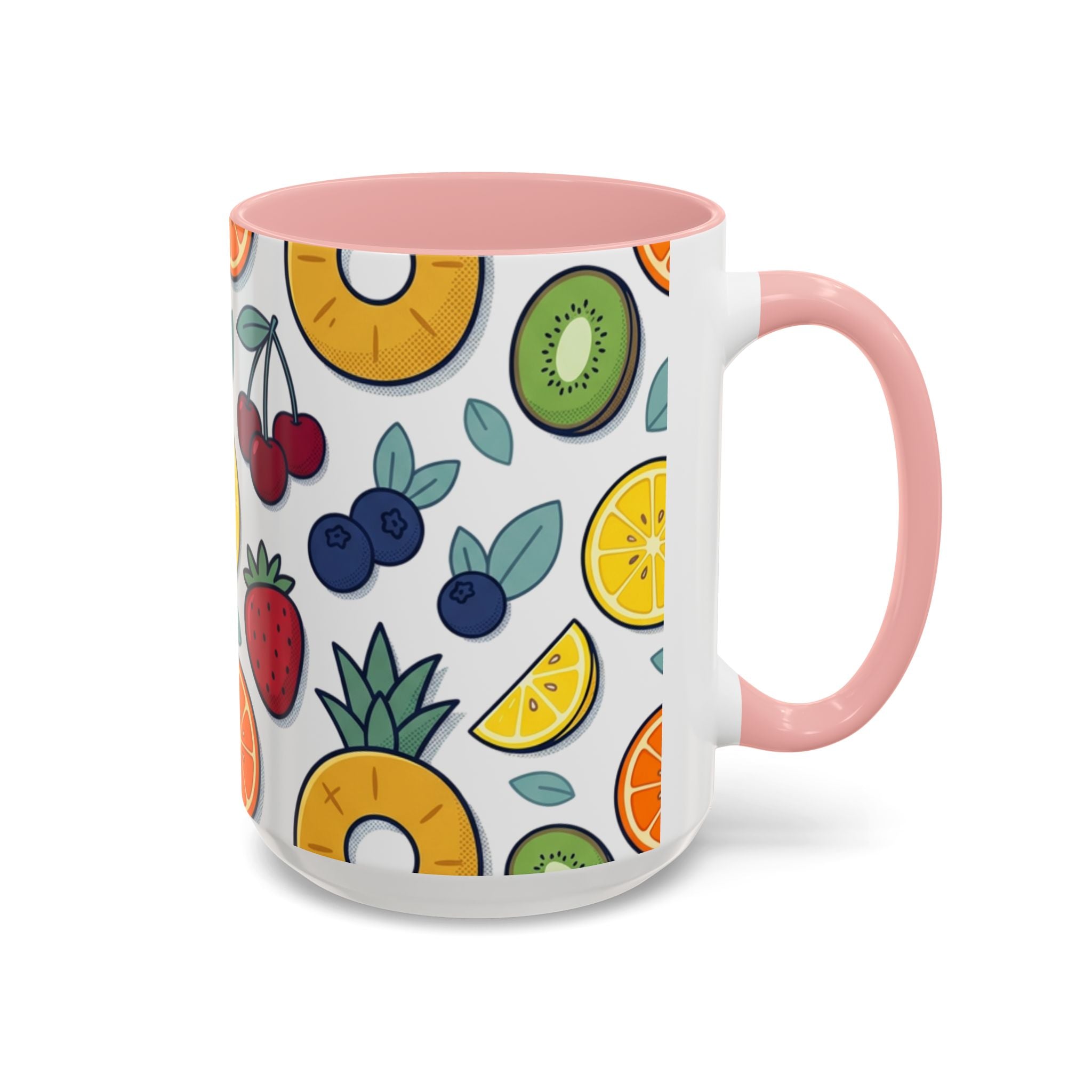 Fruit Pattern Accent Coffee Mug — Colorful Tropical Fruit Ceramic Mug (11/15oz)