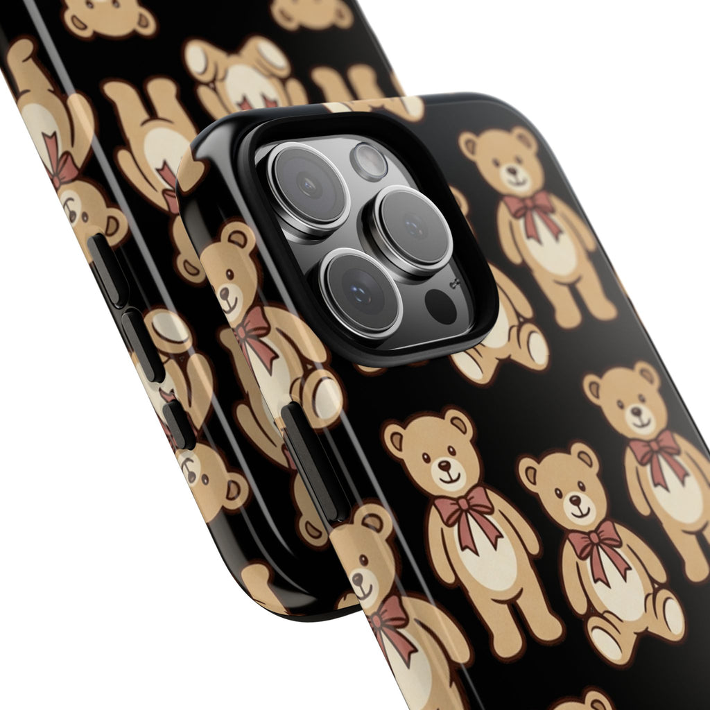 Teddy Bear Pattern Phone Case — Cute Vintage Ribbon Bears on Black