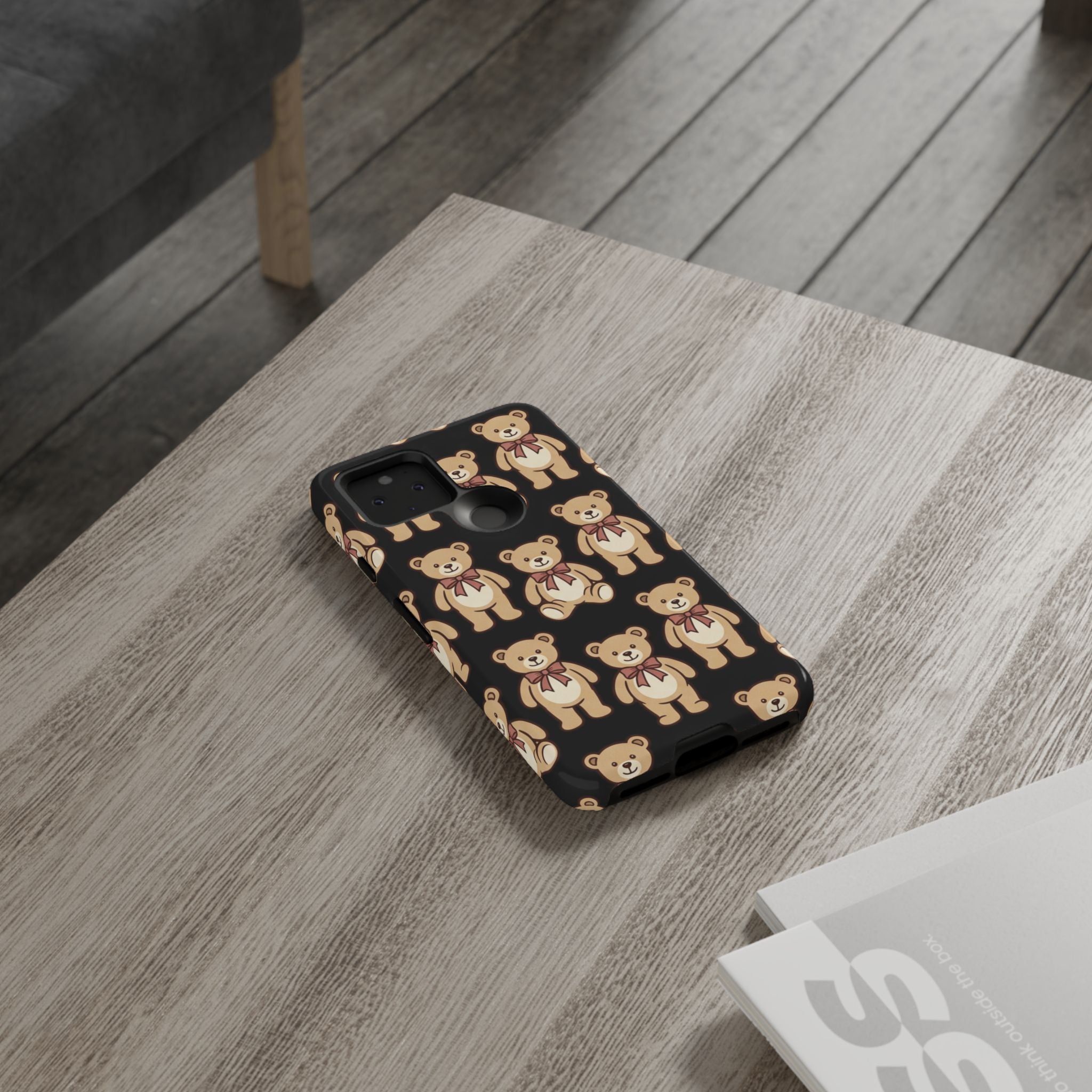 Teddy Bear Pattern Phone Case — Cute Vintage Ribbon Bears on Black