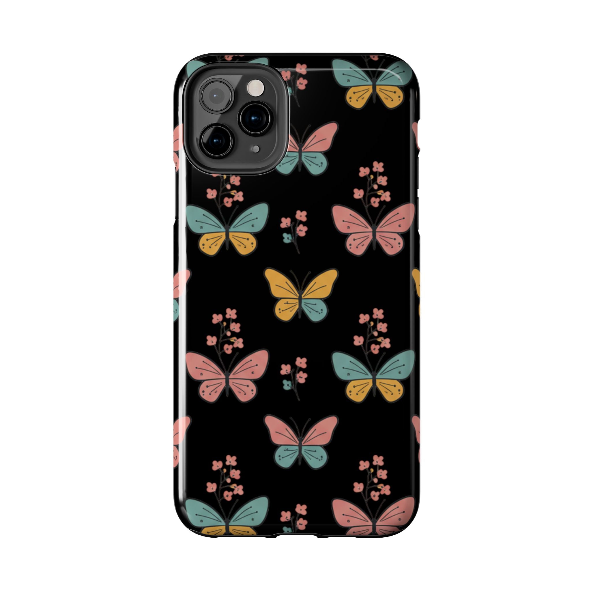 Butterfly Pattern Tough Phone Case — Pastel Butterflies on Black, Protective Floral Phone Cover