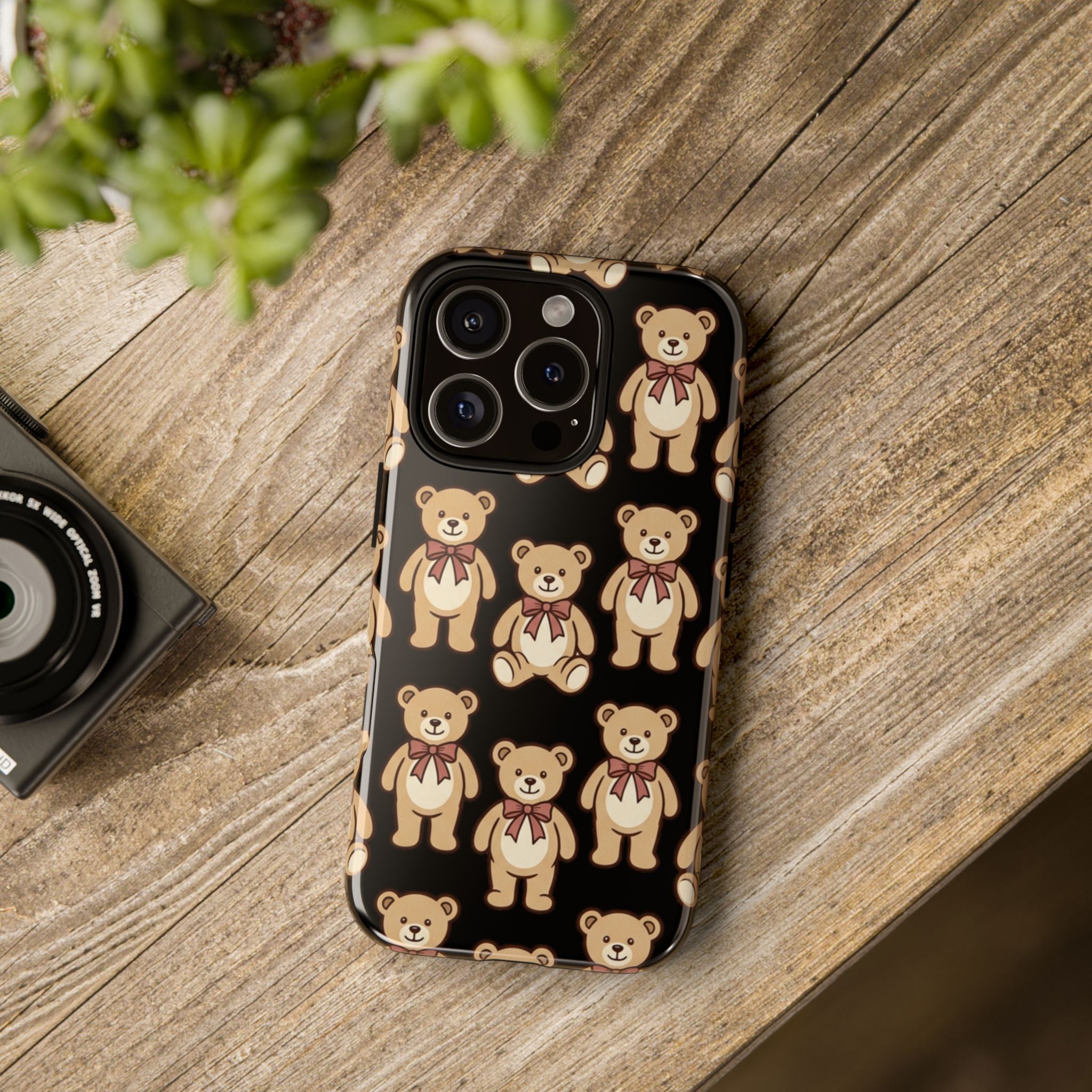 Teddy Bear Pattern Phone Case — Cute Vintage Ribbon Bears on Black