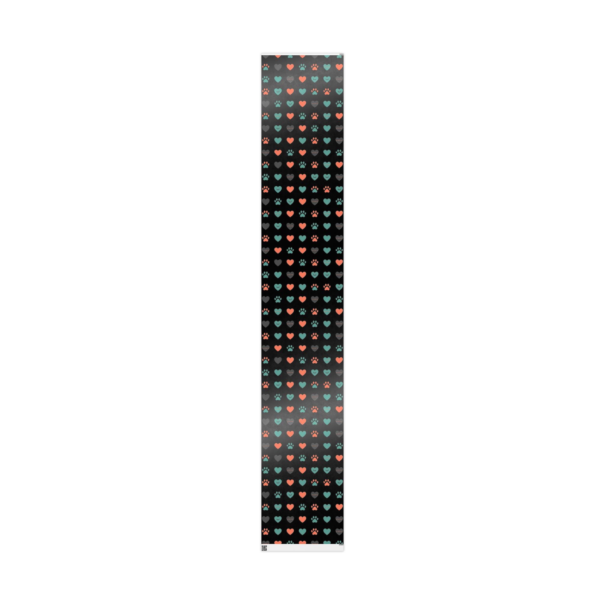Heart Pattern Wrapping Paper Roll — Black Background with Teal & Coral Hearts, Gift Wrap for Valentine’s, Anniversaries, & Birthdays
