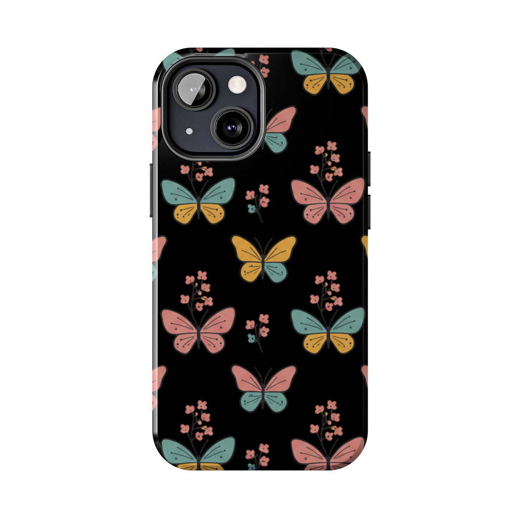 Butterfly Pattern Tough Phone Case — Pastel Butterflies on Black, Protective Floral Phone Cover