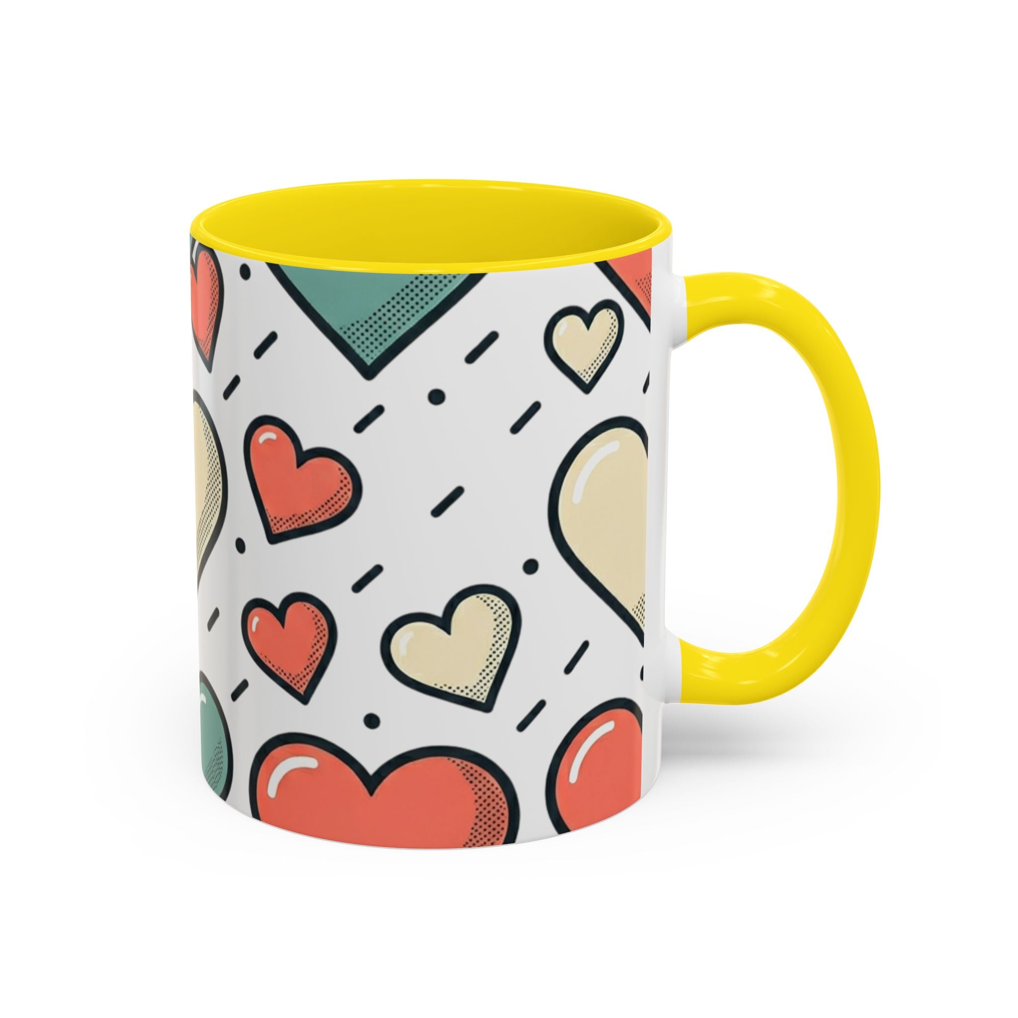 Heart Pattern Accent Coffee Mug — Cute Colorful Hearts Design (11/15 oz)