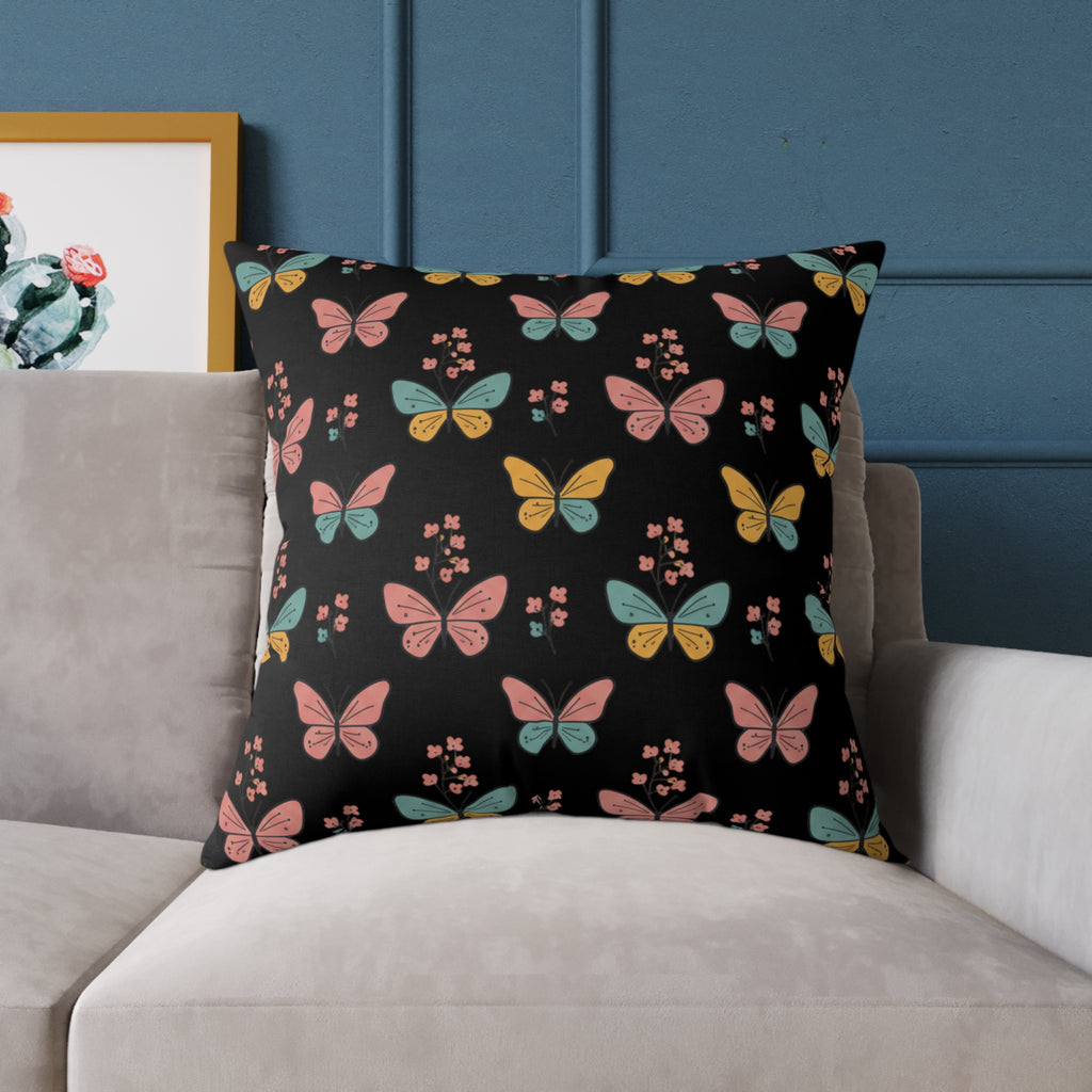 Butterfly Pattern Square Throw Pillow — Colorful Butterflies on Black Decorative Cushion