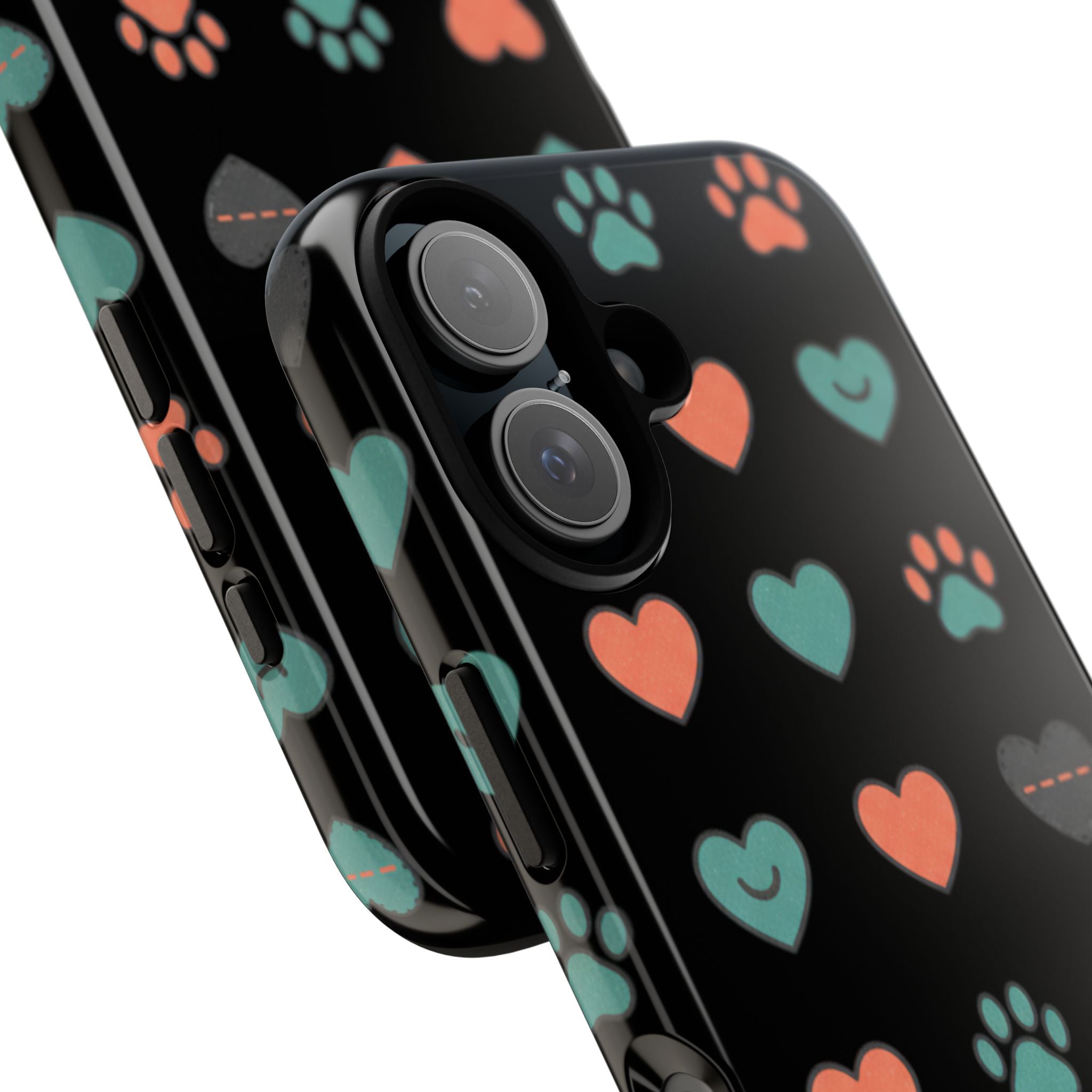 Phone Case — Cute Paw & Heart Pattern (Black Gloss)