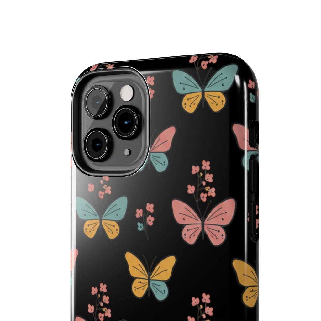 Butterfly Pattern Tough Phone Case — Pastel Butterflies on Black, Protective Floral Phone Cover