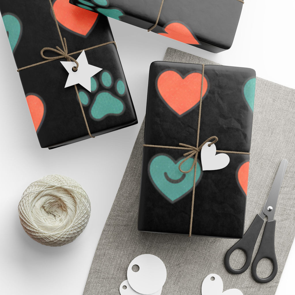 Heart Pattern Wrapping Paper Roll — Black Background with Teal & Coral Hearts, Gift Wrap for Valentine’s, Anniversaries, & Birthdays