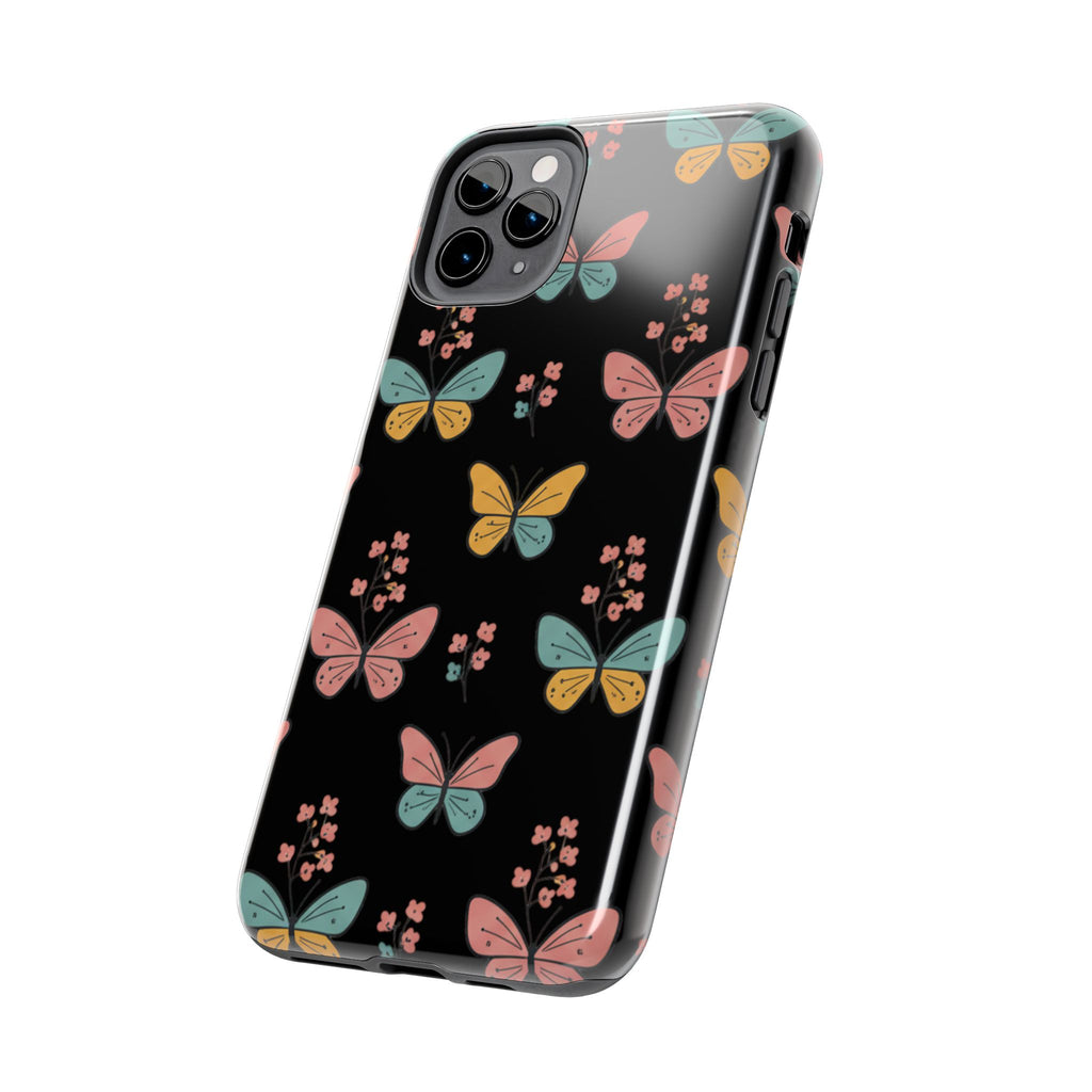 Butterfly Pattern Tough Phone Case — Pastel Butterflies on Black, Protective Floral Phone Cover