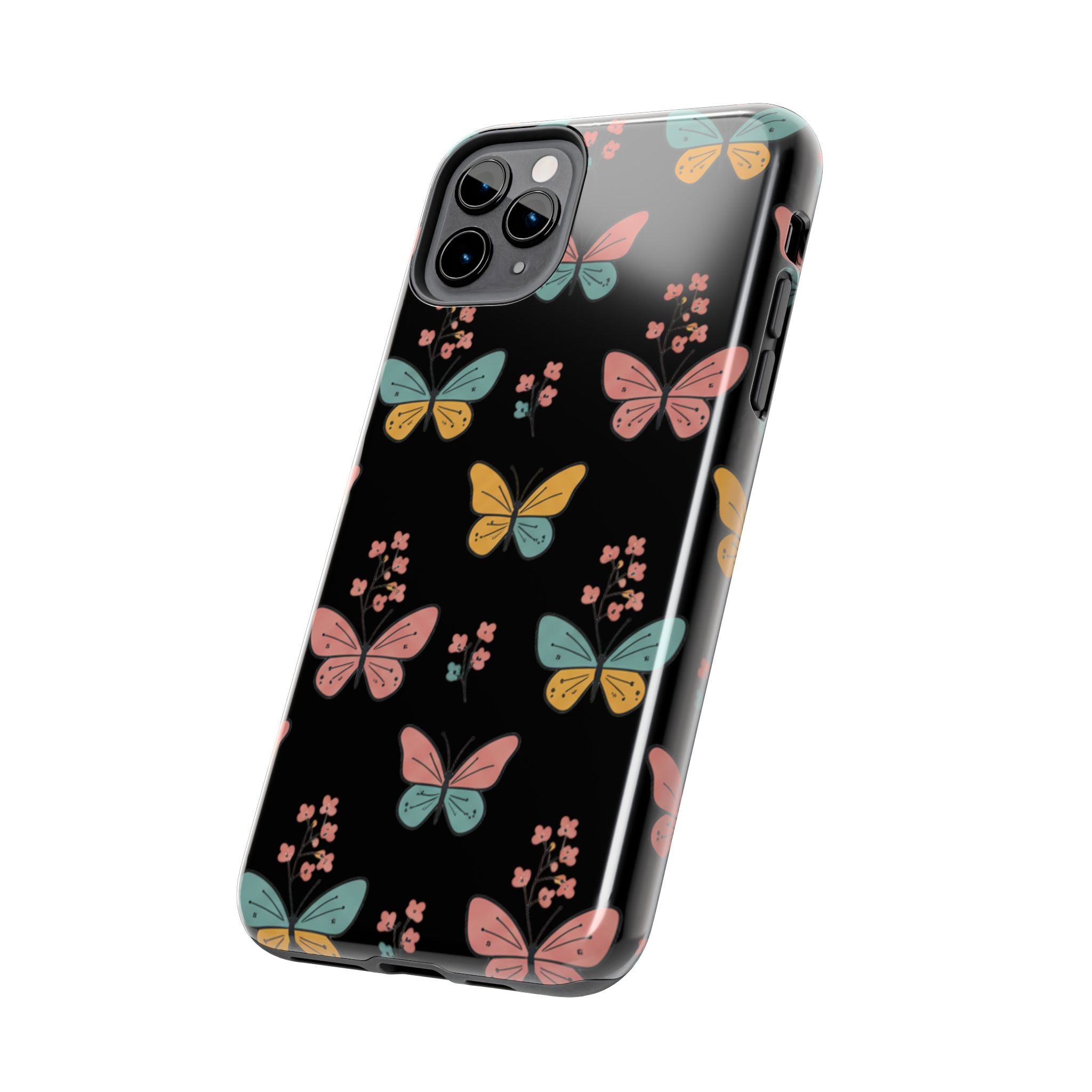 Butterfly Pattern Tough Phone Case — Pastel Butterflies on Black, Protective Floral Phone Cover