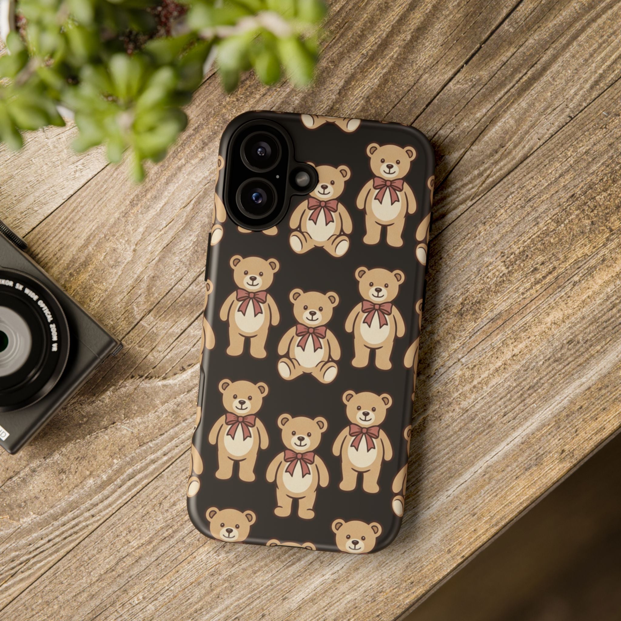 Teddy Bear Pattern Phone Case — Cute Vintage Ribbon Bears on Black